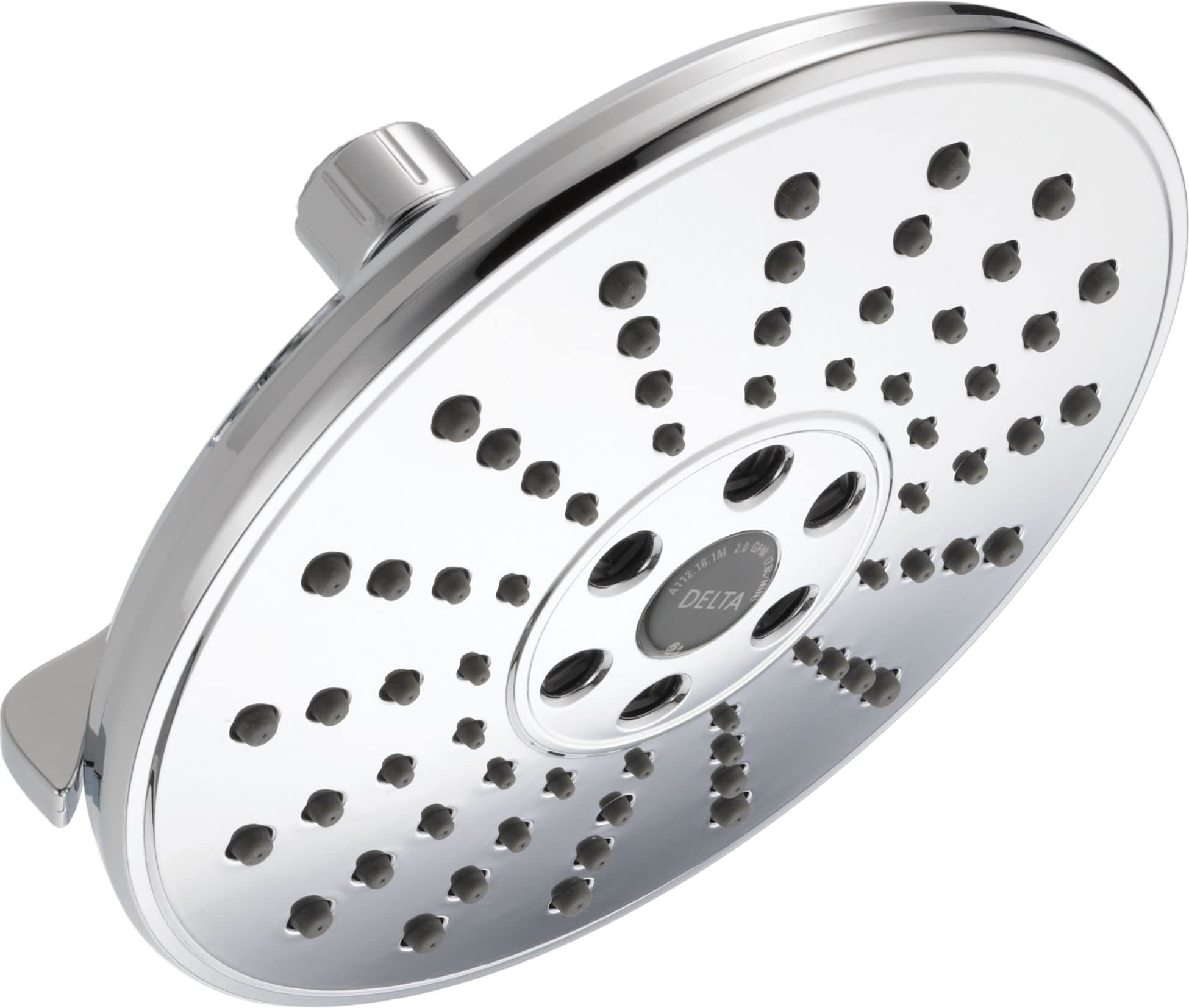 Round chrome shower head with multiple spray holes and center control dial for adjusting water settings.