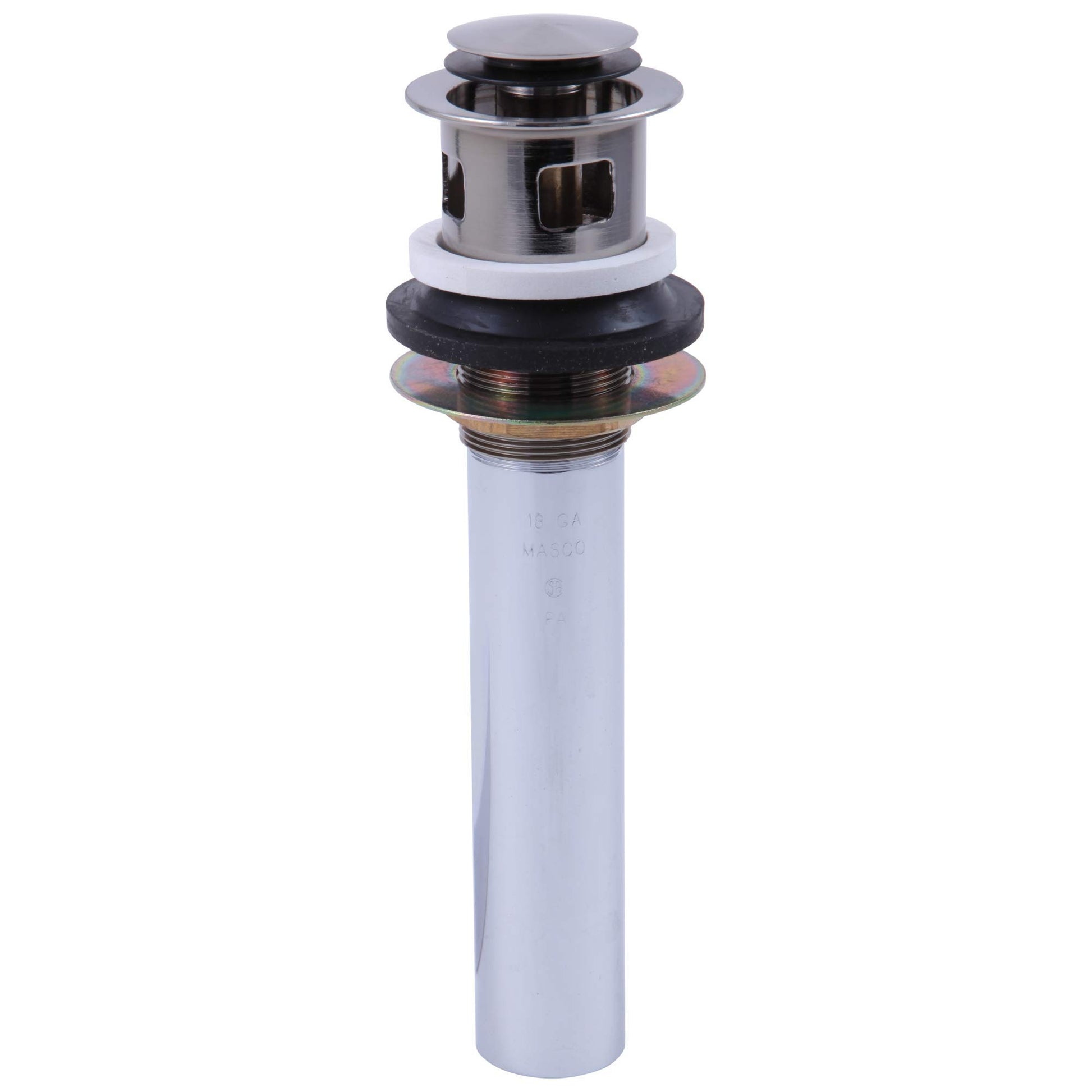 Chrome push pop-up sink drain with overflow ring and black rubber seal on white PVC pipe.