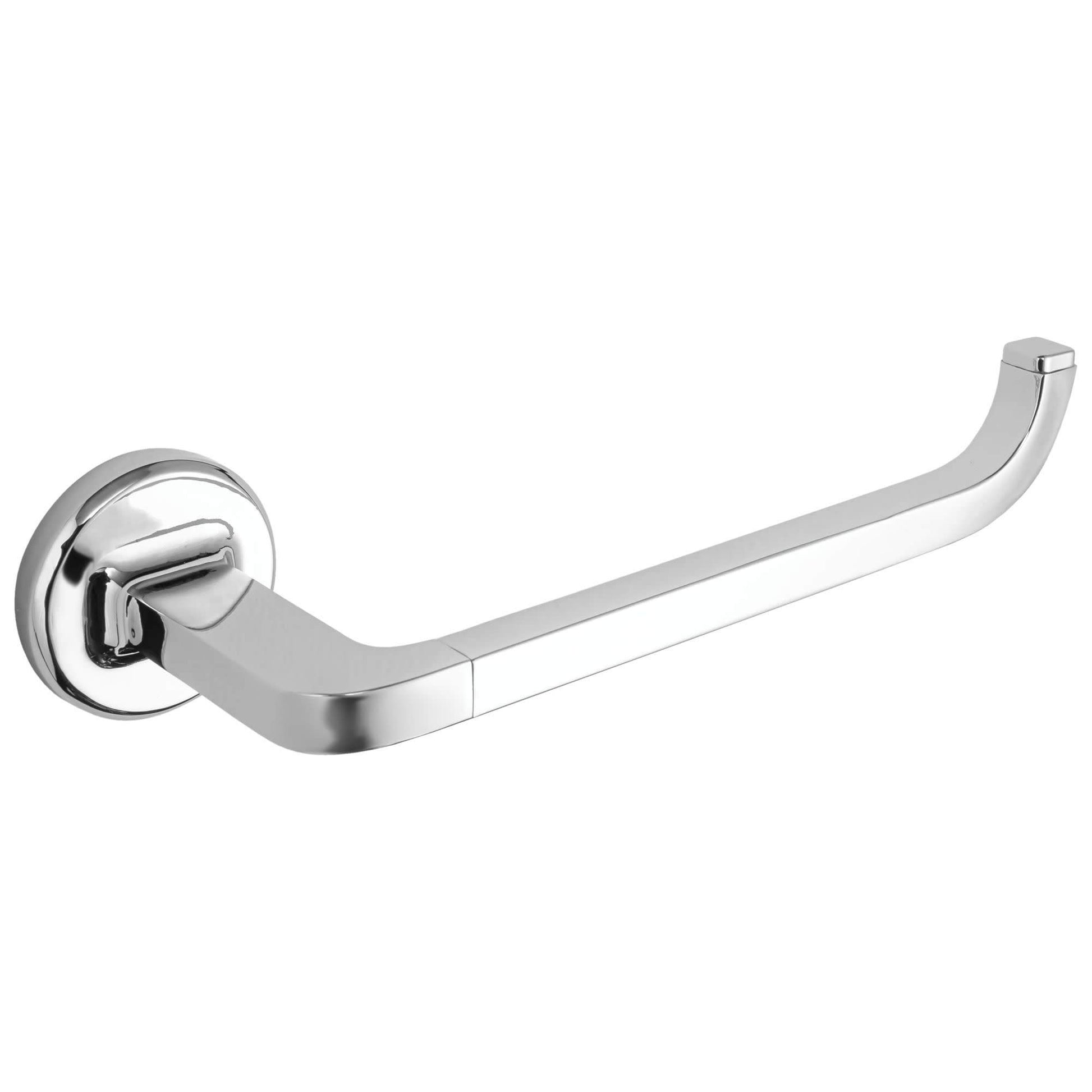 Chrome tissue holder with curved arm and circular wall mount bracket.