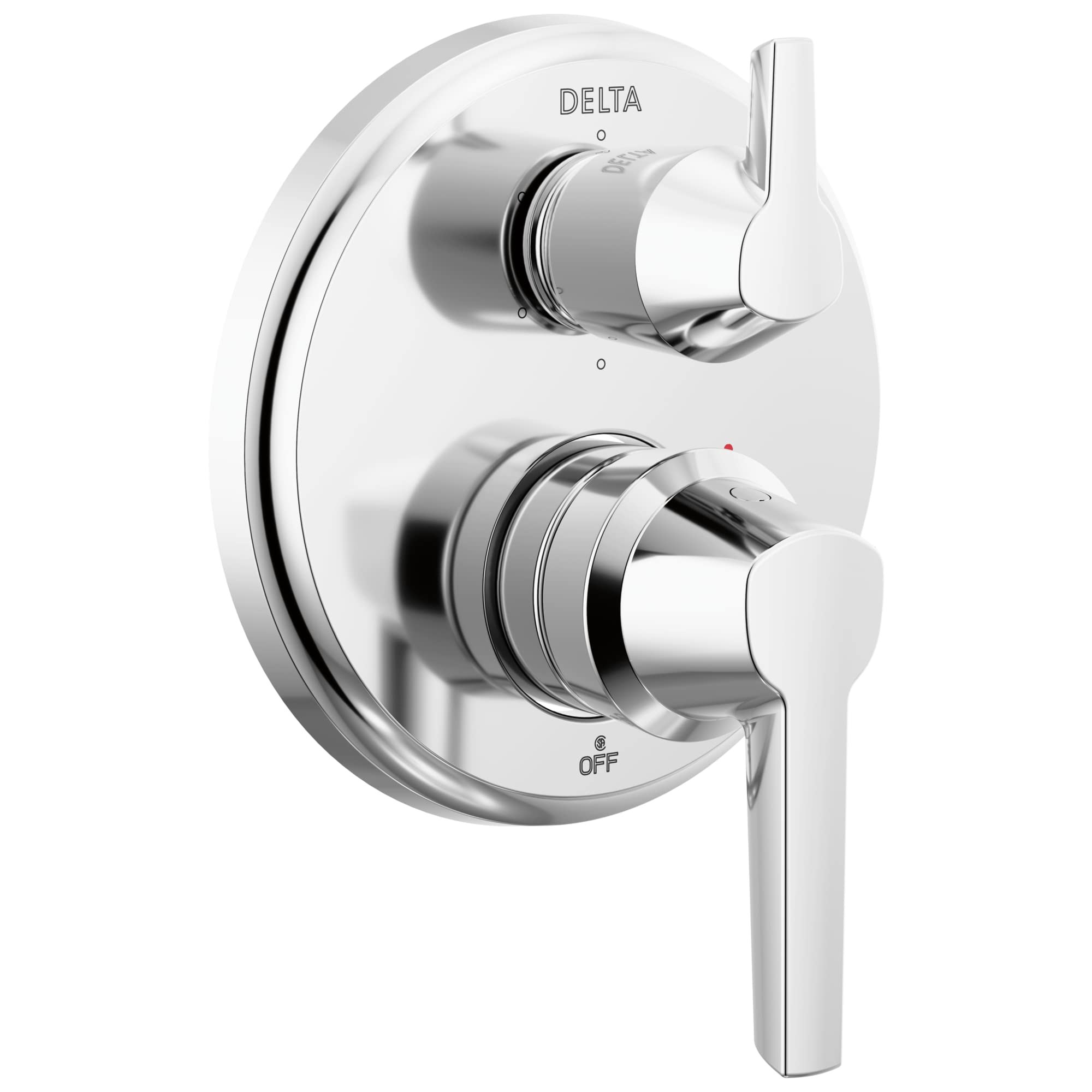Chrome Delta shower trim with dual lever handles and integrated diverter valve mounted on circular trim plate.