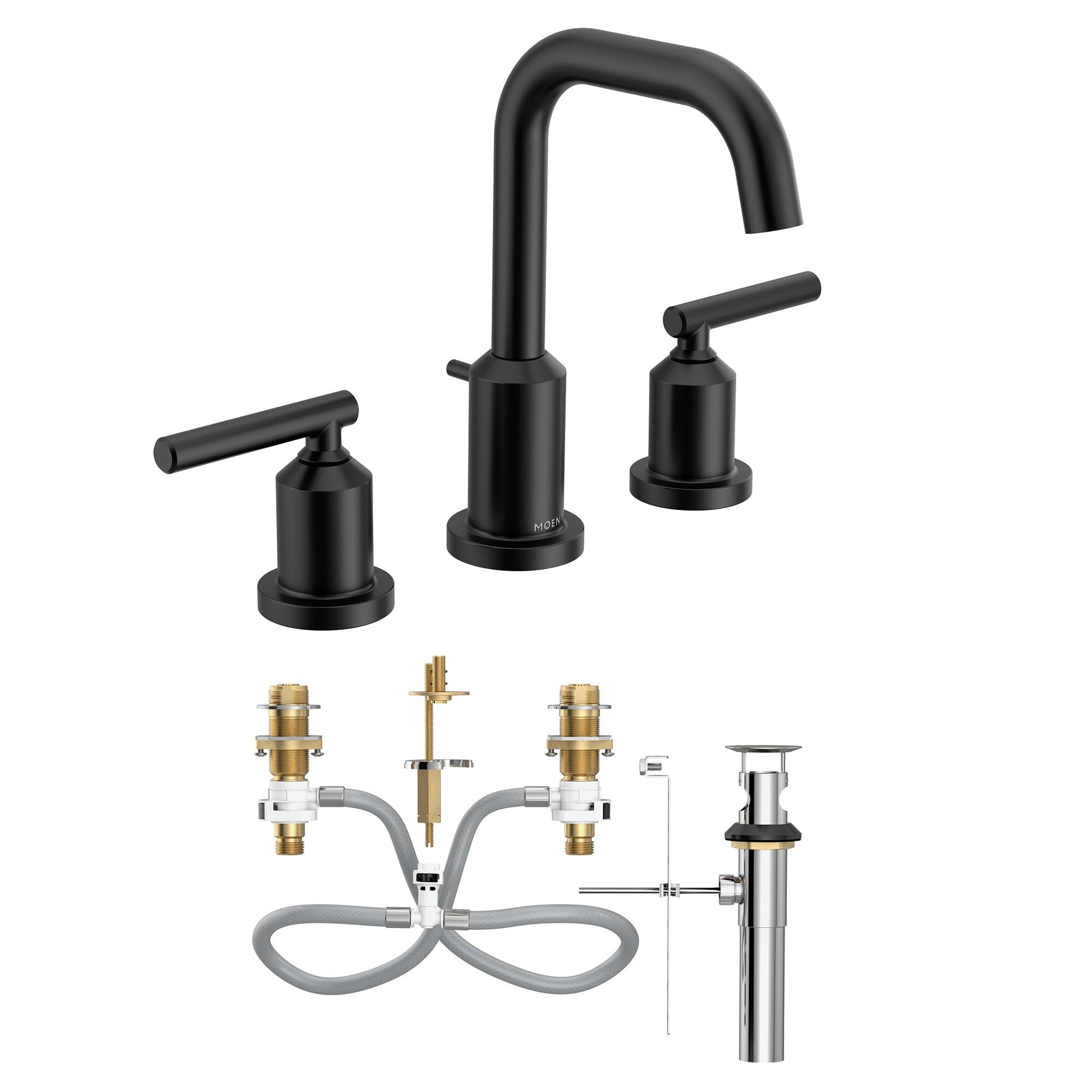 Matte black three-piece widespread faucet with curved spout and lever handles, shown with internal valve components and suppl