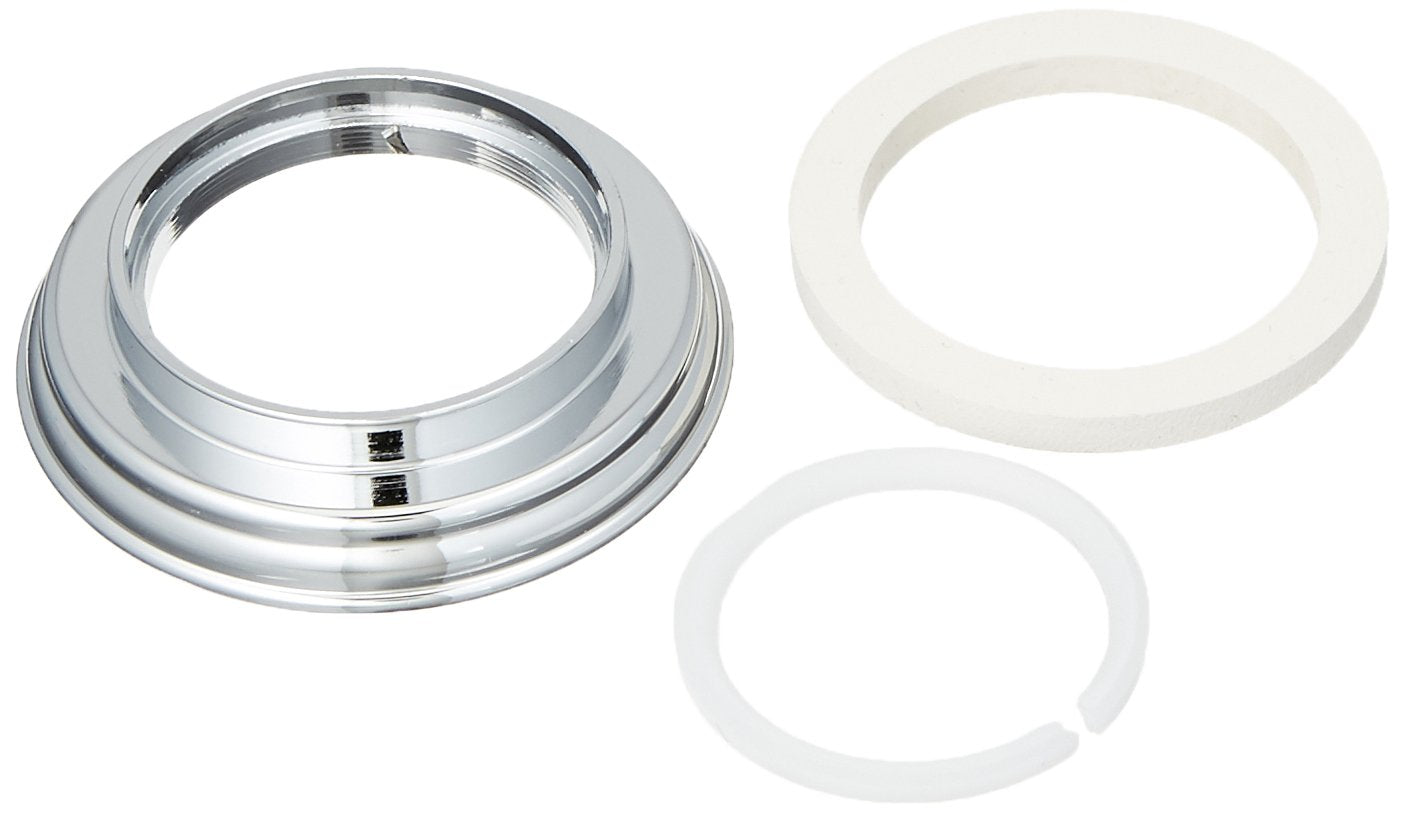 Chrome-finished metal base ring with two white rubber seals and snap ring components.