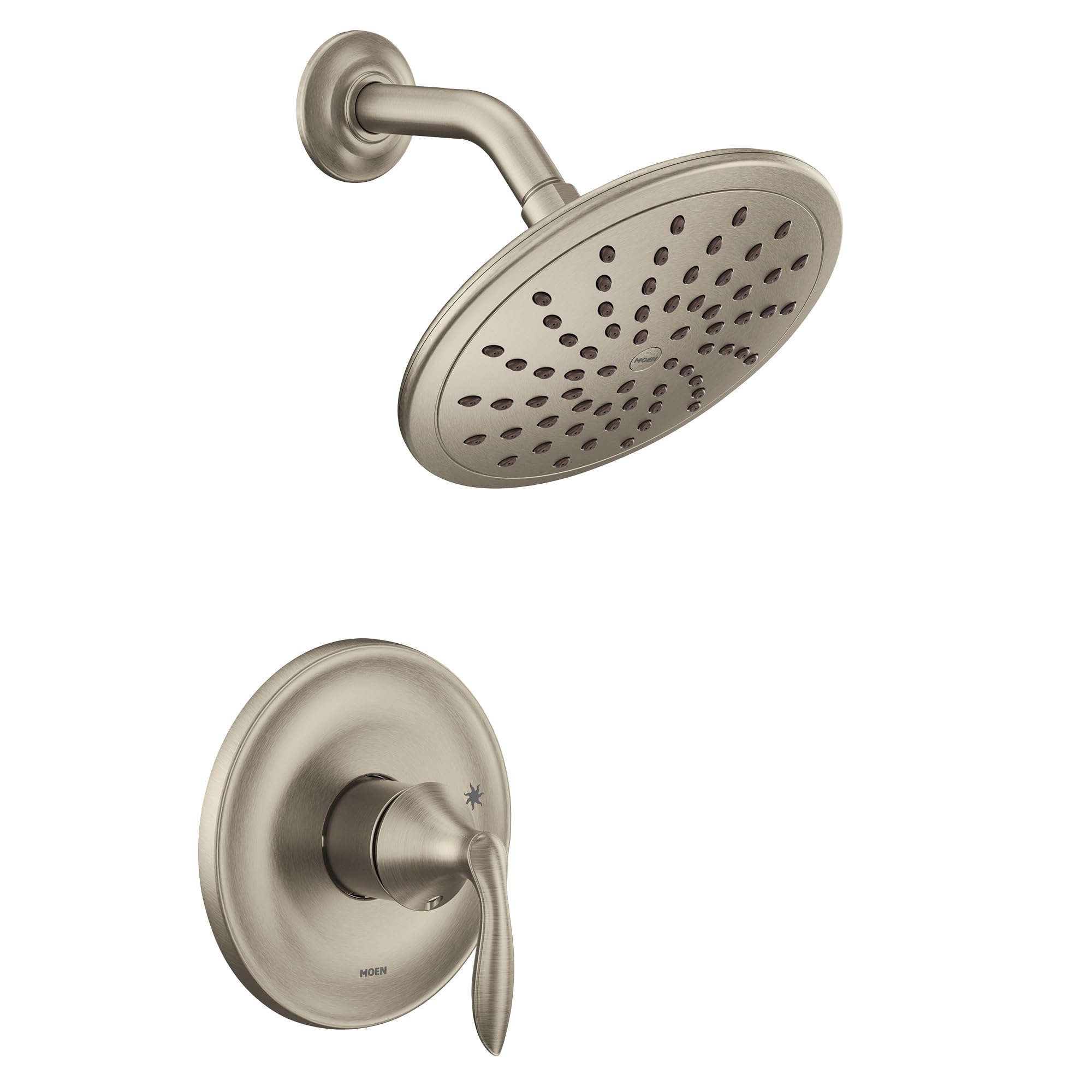 Brushed nickel shower trim kit with single-handle lever valve, round showerhead with spray holes, and curved arm.