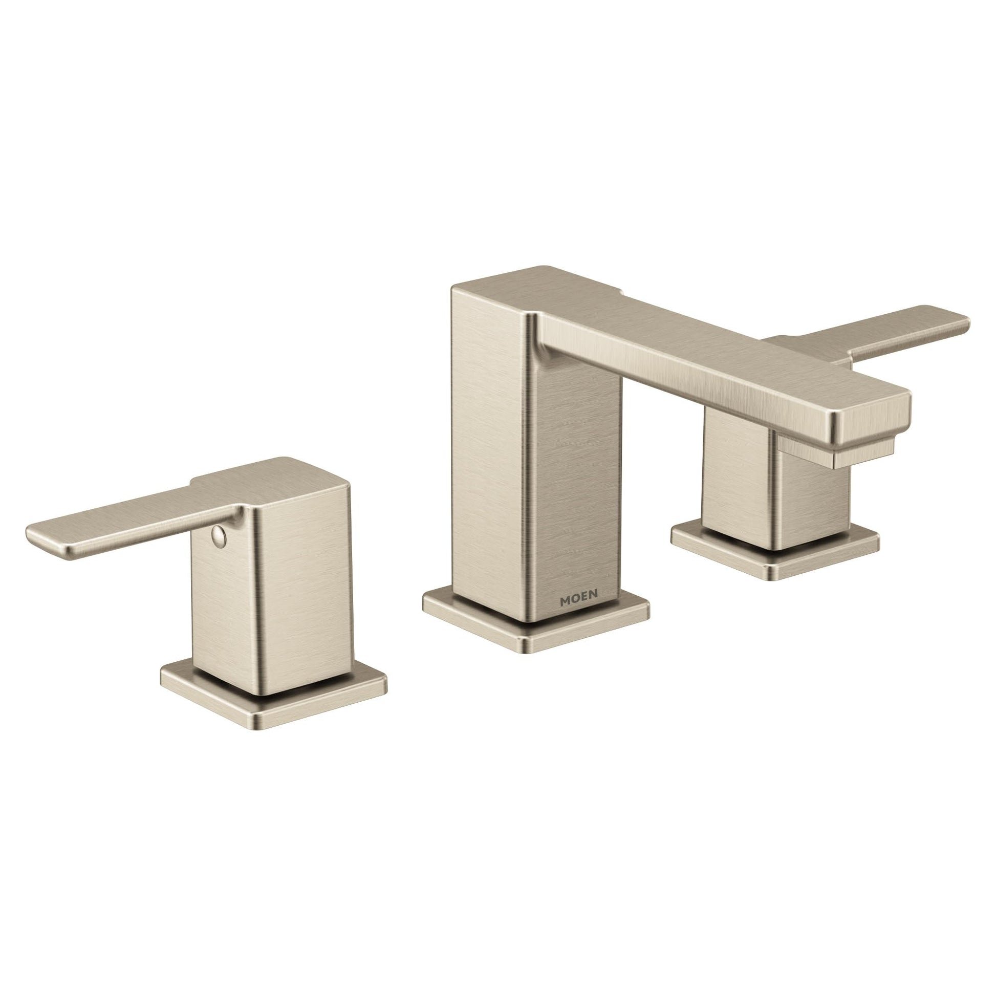 Brushed nickel two-handle widespread bathroom faucet with angular spout and square base components.