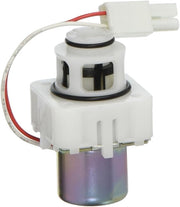 White solenoid unit with red and clear wires, black seals, and metal cartridge base for toilet flushometer.