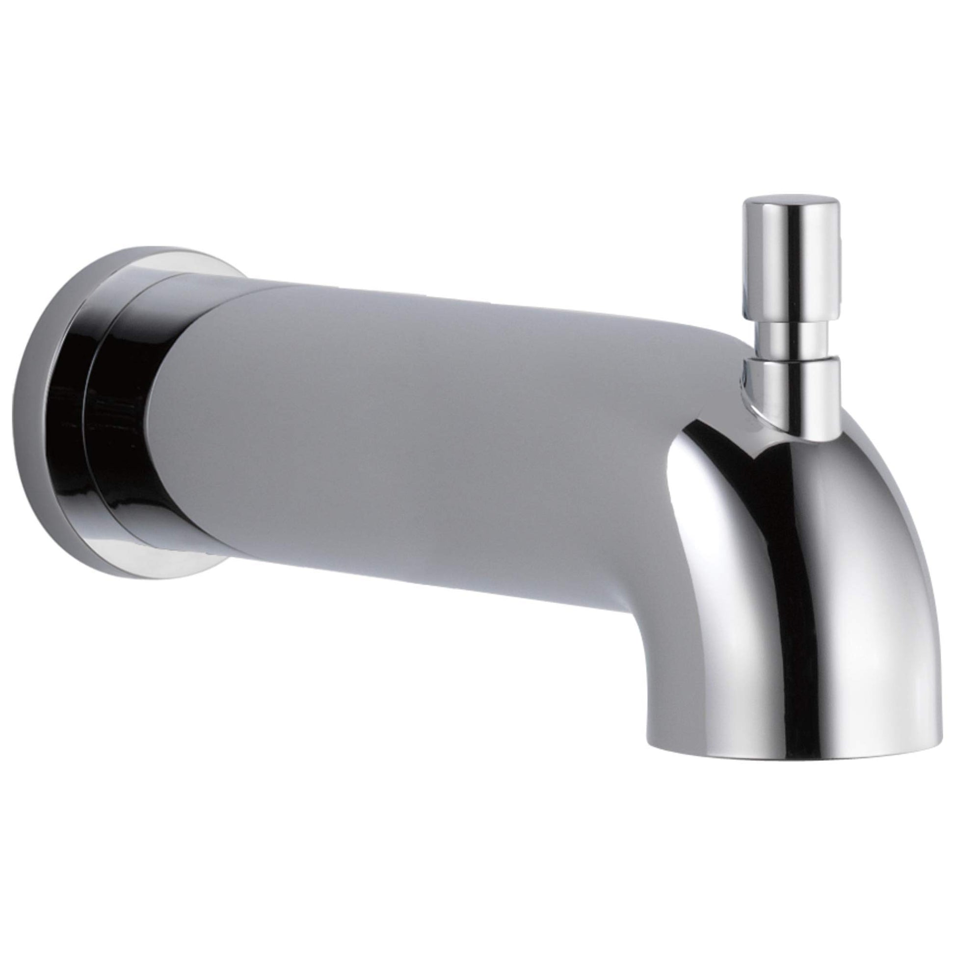 Chrome push-diverter tub spout with curved outlet and wall-mounted flange connection.