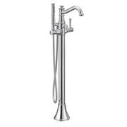 Chrome freestanding tub filler with curved spout, single handle, and detachable handshower on hose.