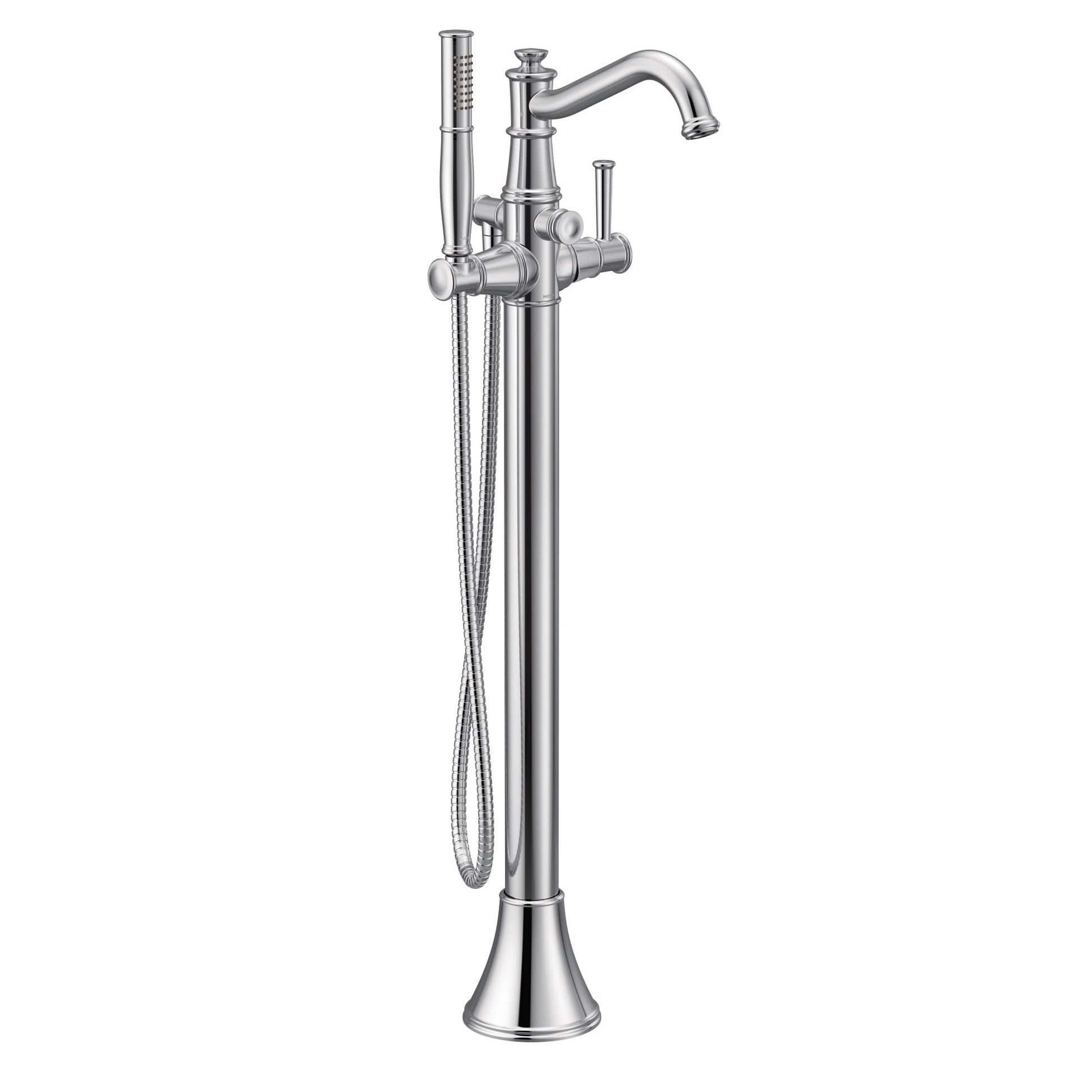 Chrome freestanding tub filler with curved spout, single handle, and detachable handshower on hose.