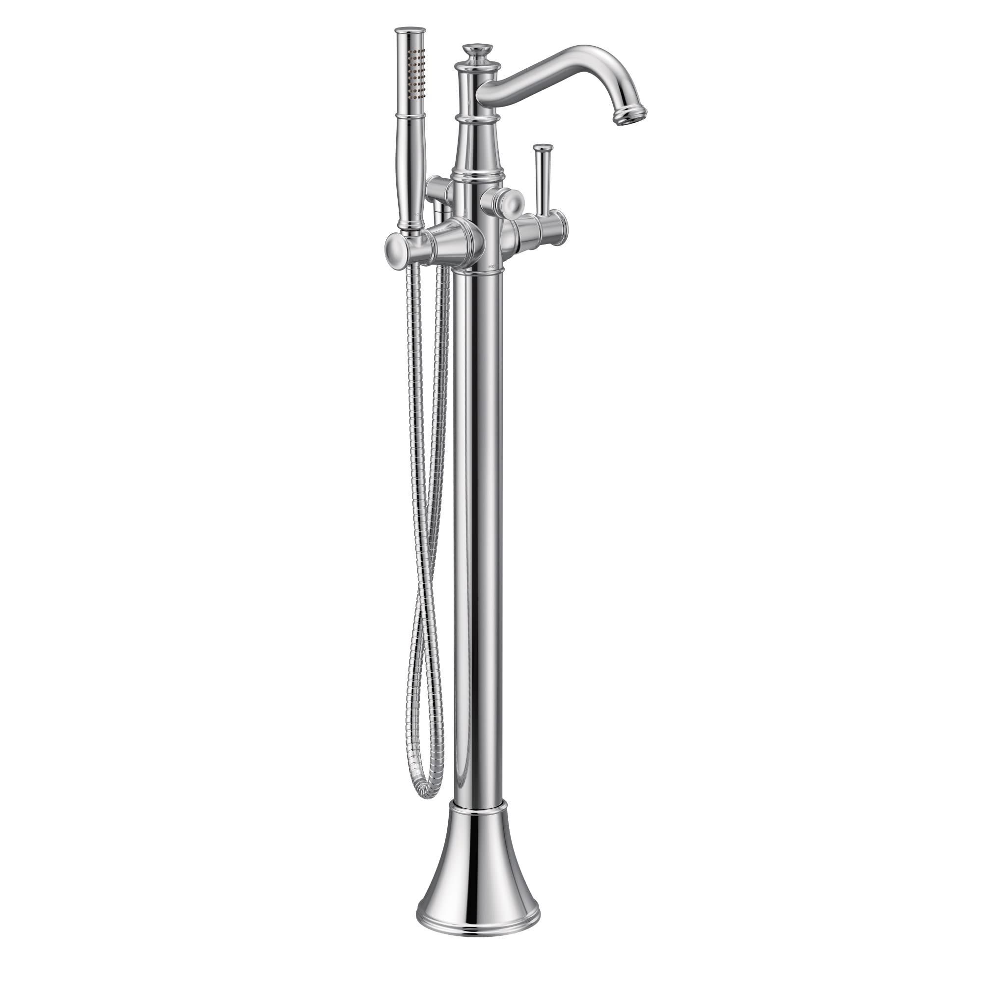 Chrome freestanding tub filler with curved spout, single handle, and detachable handshower on hose.
