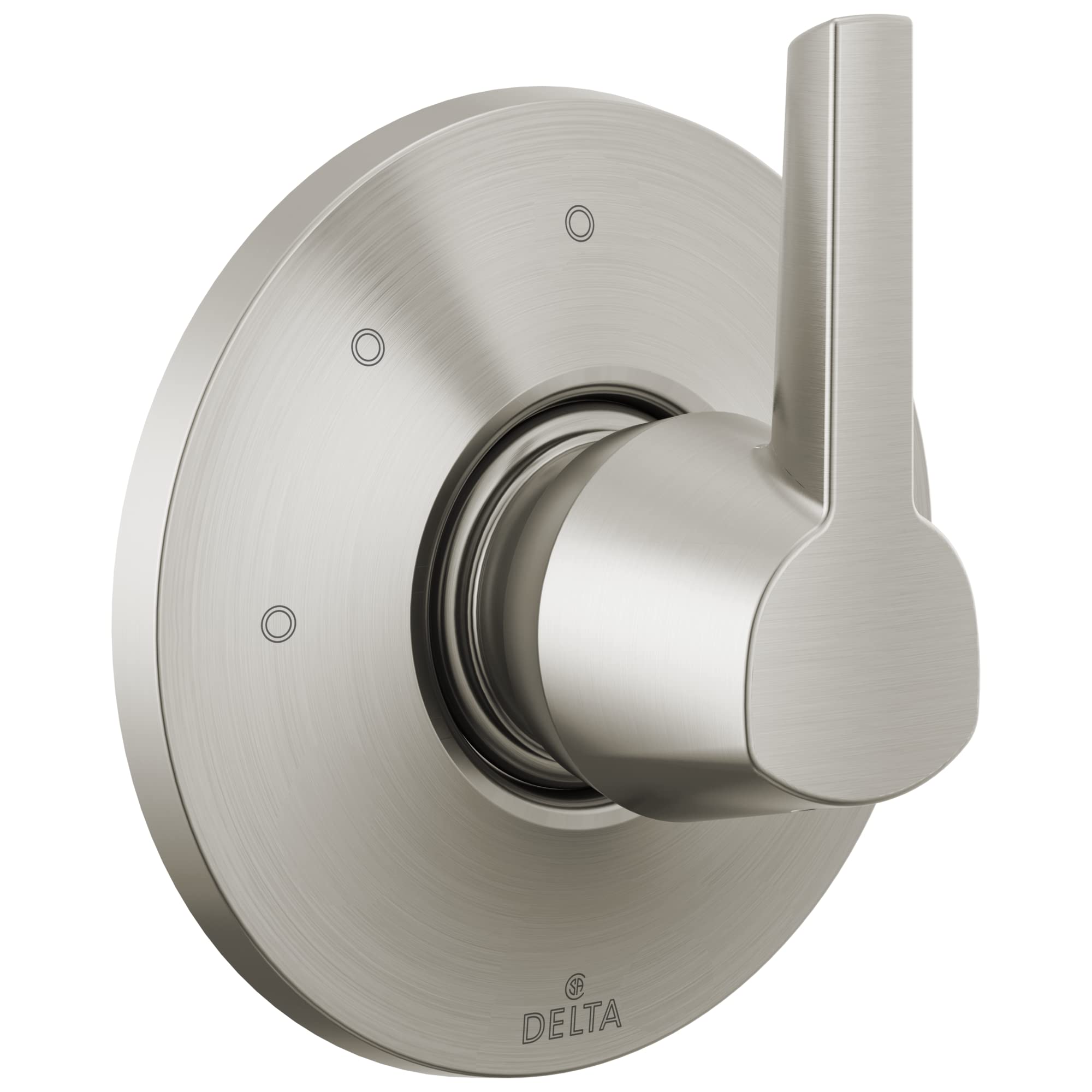 Brushed nickel diverter trim with round escutcheon plate and lever handle for Delta Galeon shower system.