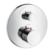 Chrome thermostatic shower trim with round escutcheon, upper volume control dial, and lower temperature control dial with red