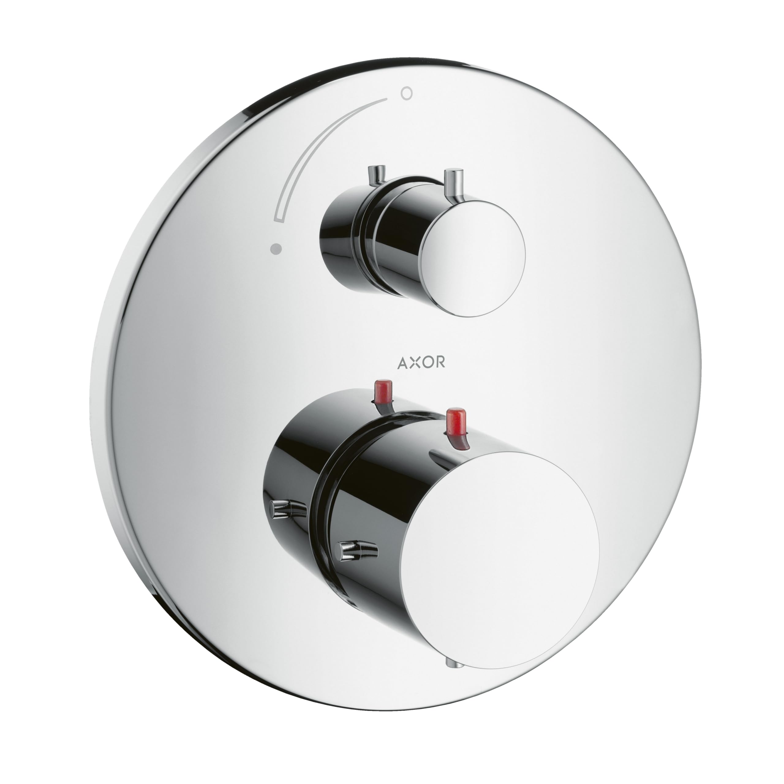 Chrome thermostatic shower trim with round escutcheon, upper volume control dial, and lower temperature control dial with red