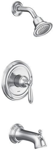 Chrome tub and shower trim kit with single lever handle, showerhead, and tub spout.