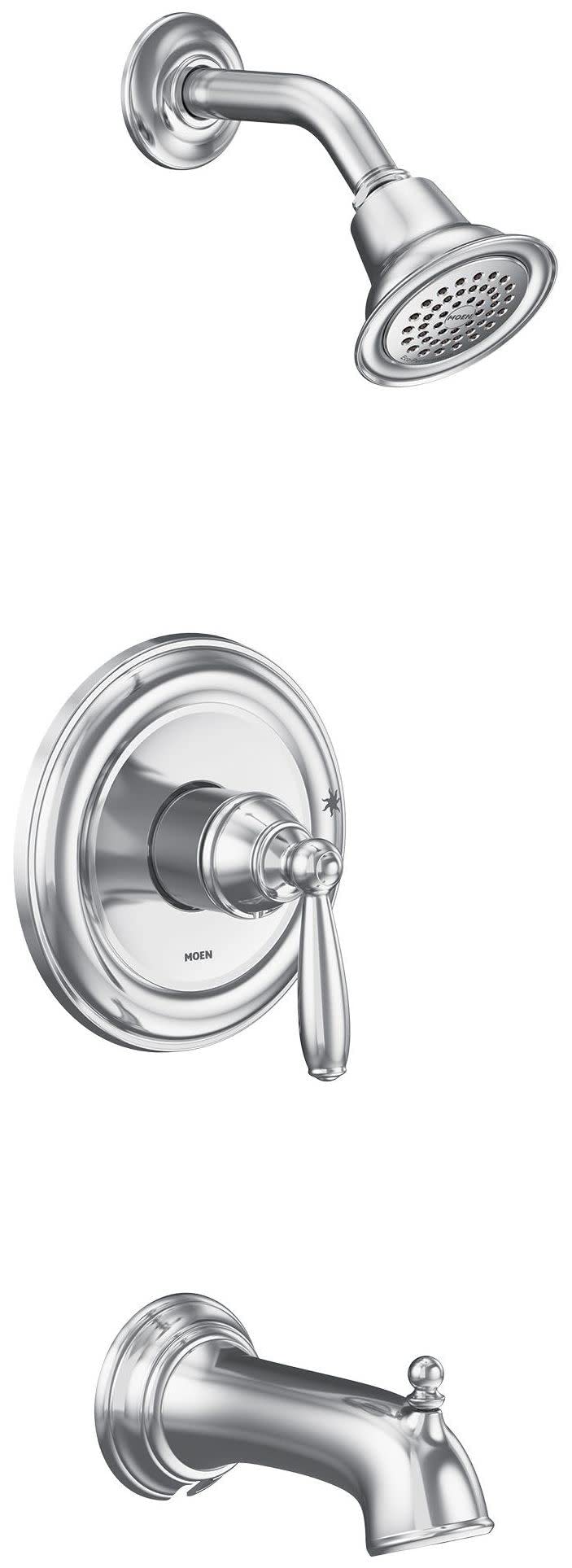 Chrome tub and shower trim kit with single lever handle, showerhead, and tub spout.