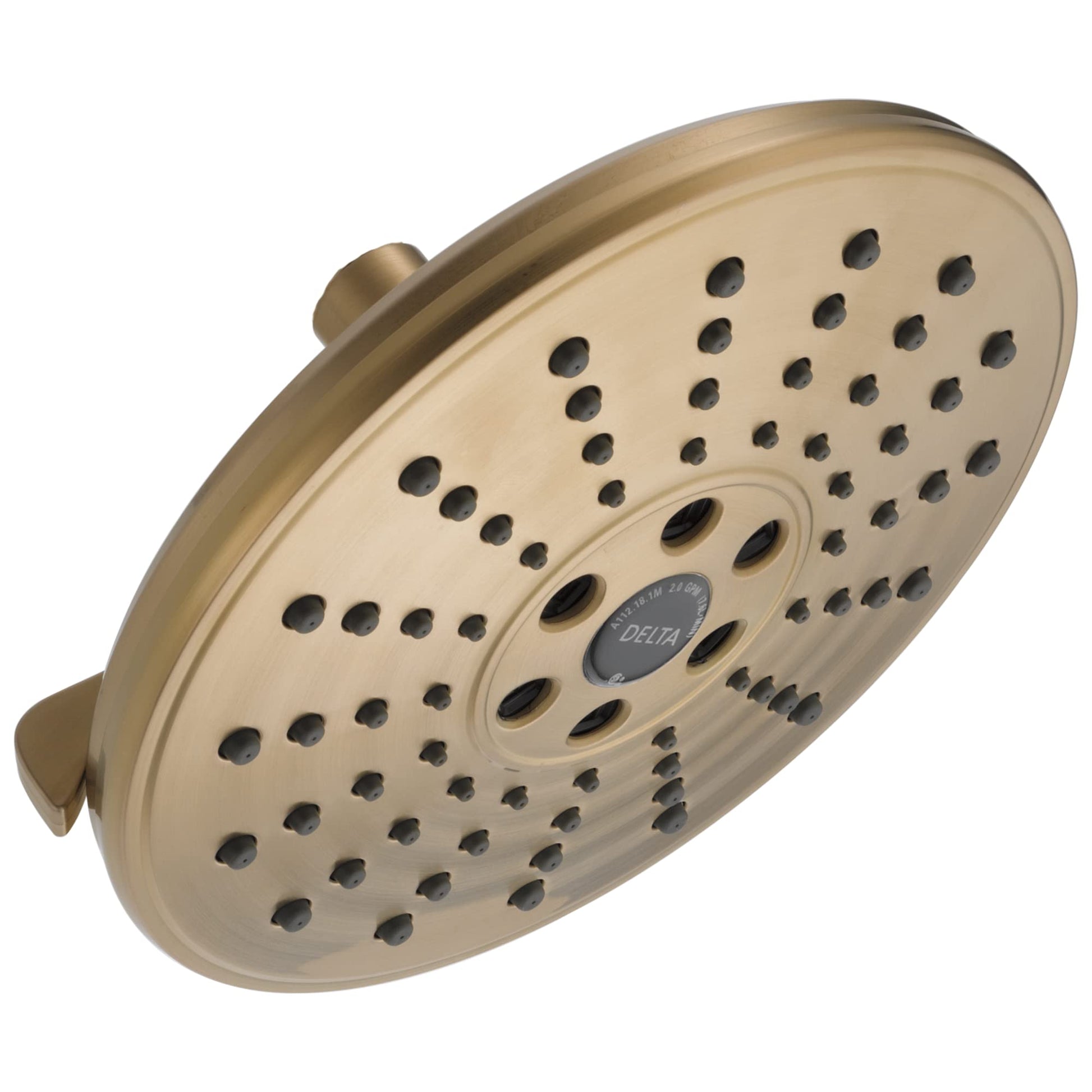 Round brushed gold shower head with multiple spray holes and Delta H2OKinetic logo in center.