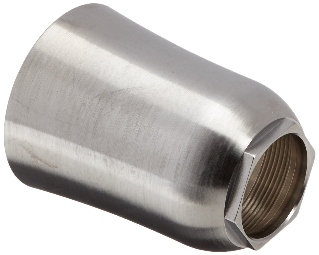 Brushed stainless steel cylindrical valve sleeve with threaded interior opening and tapered end cap.