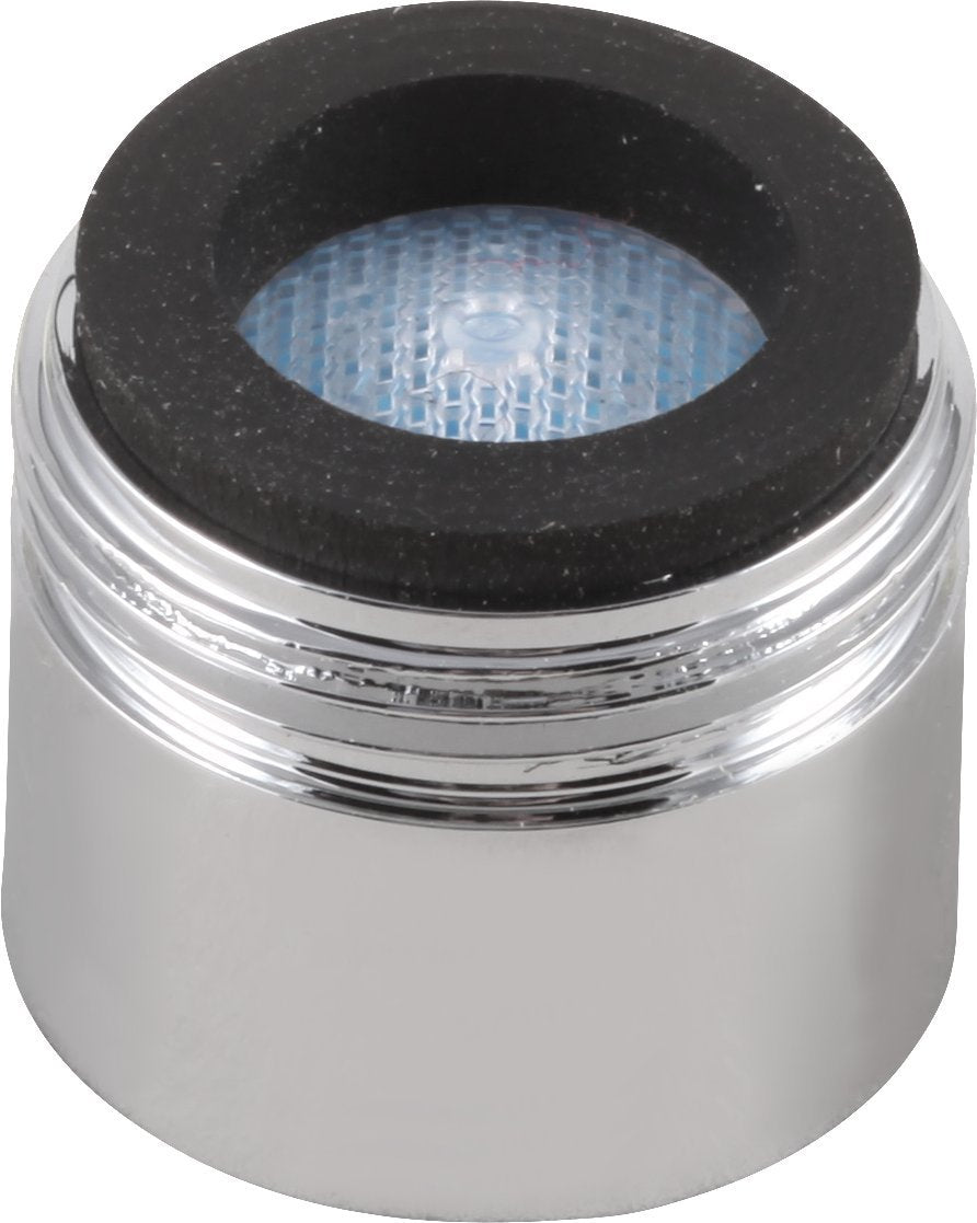 Chrome faucet aerator with black rubber collar and blue mesh screen insert visible from top.