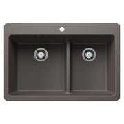 Volcano gray dual-bowl kitchen sink with low divide, stainless steel drains, and single faucet hole.