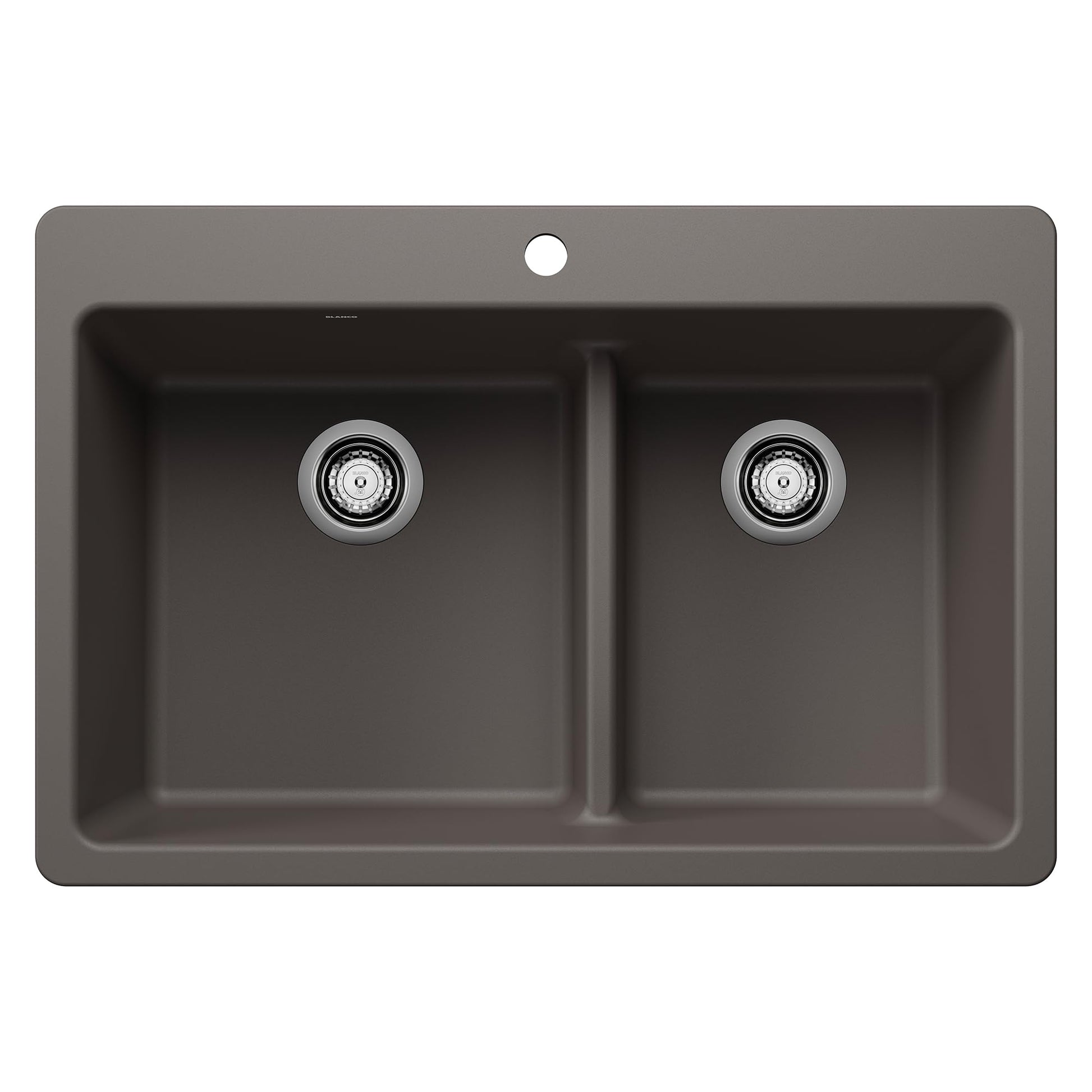 Volcano gray dual-bowl kitchen sink with low divide, stainless steel drains, and single faucet hole.