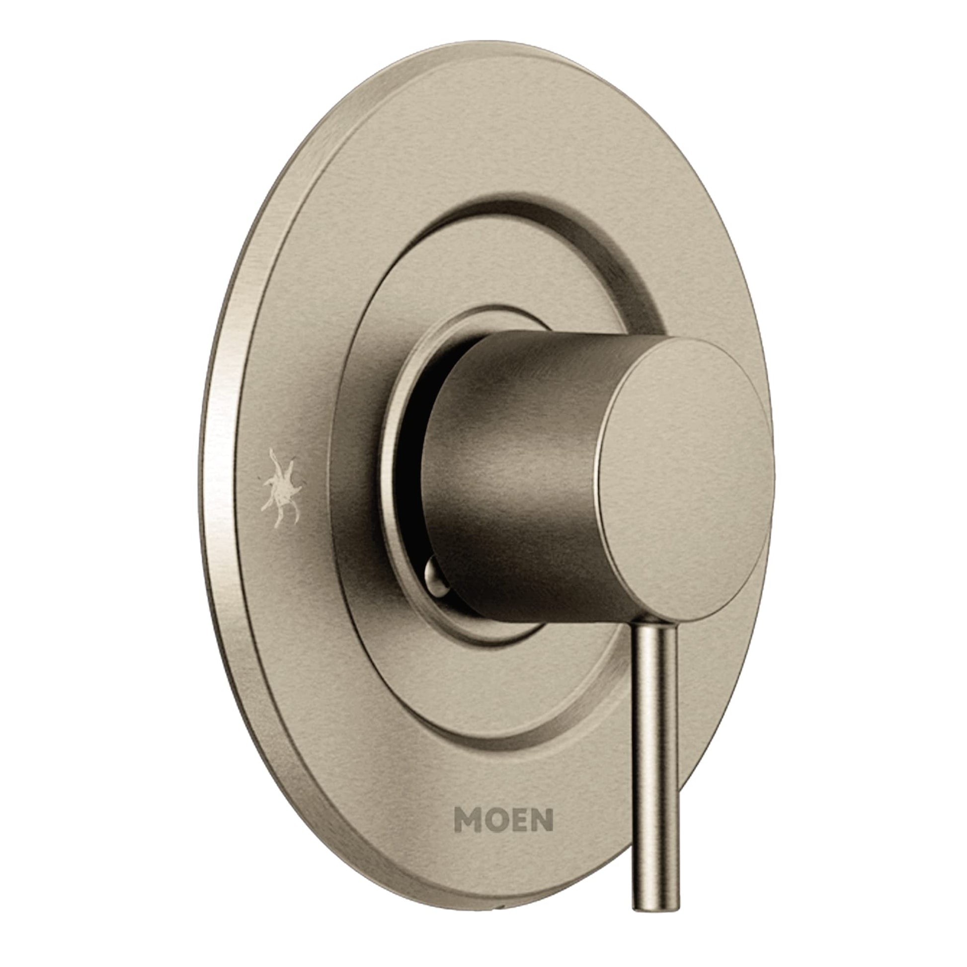 Brushed nickel shower valve trim with oval escutcheon plate and cylindrical lever handle.