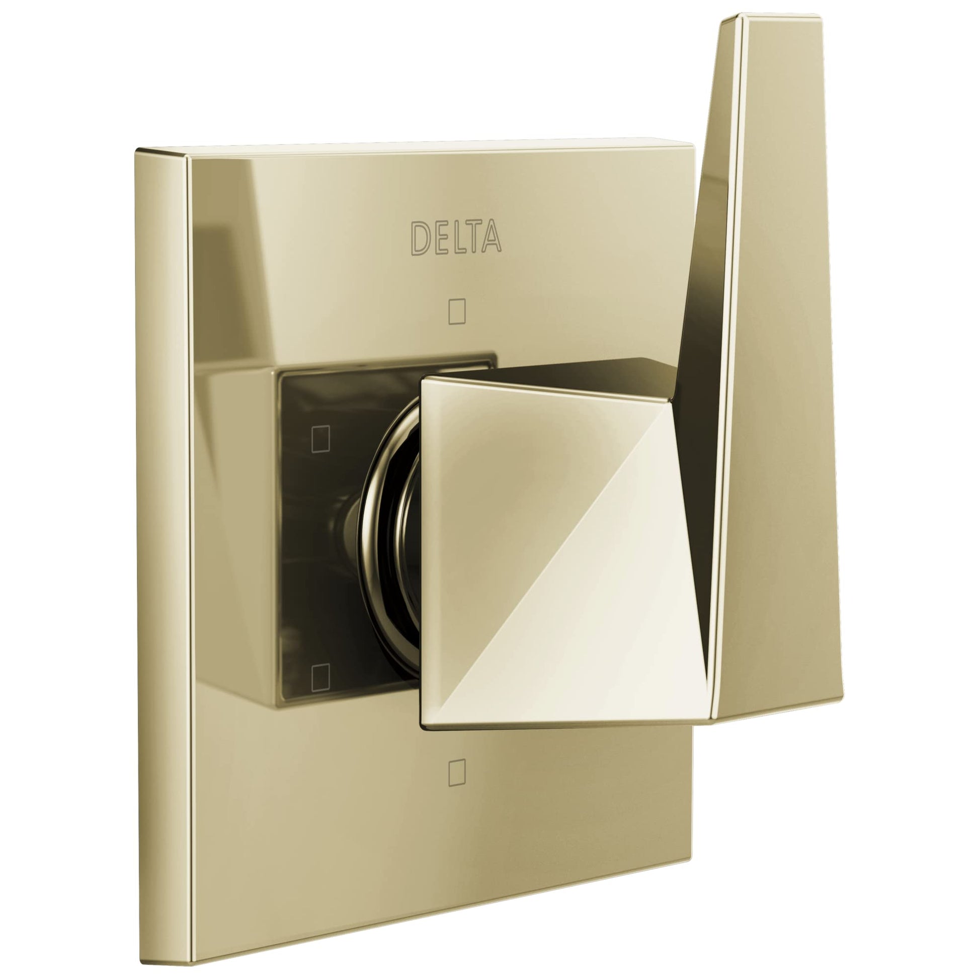 Champagne bronze square diverter trim with Delta branding and rotatable handle control.