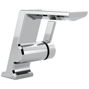 Chrome single-handle bathroom faucet with angular spout, cylindrical handle grip, and white base with Delta branding.