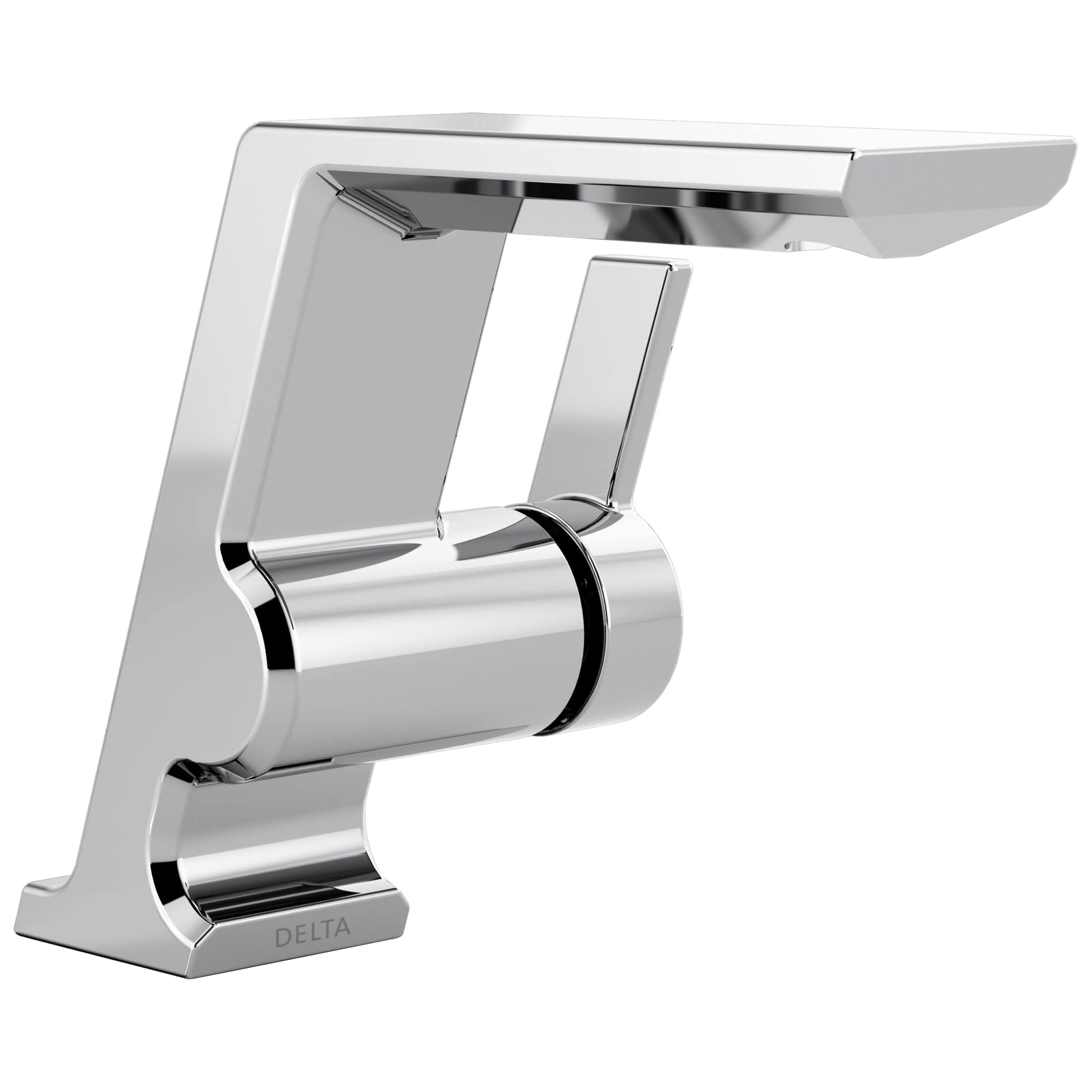 Chrome single-handle bathroom faucet with angular spout, cylindrical handle grip, and white base with Delta branding.
