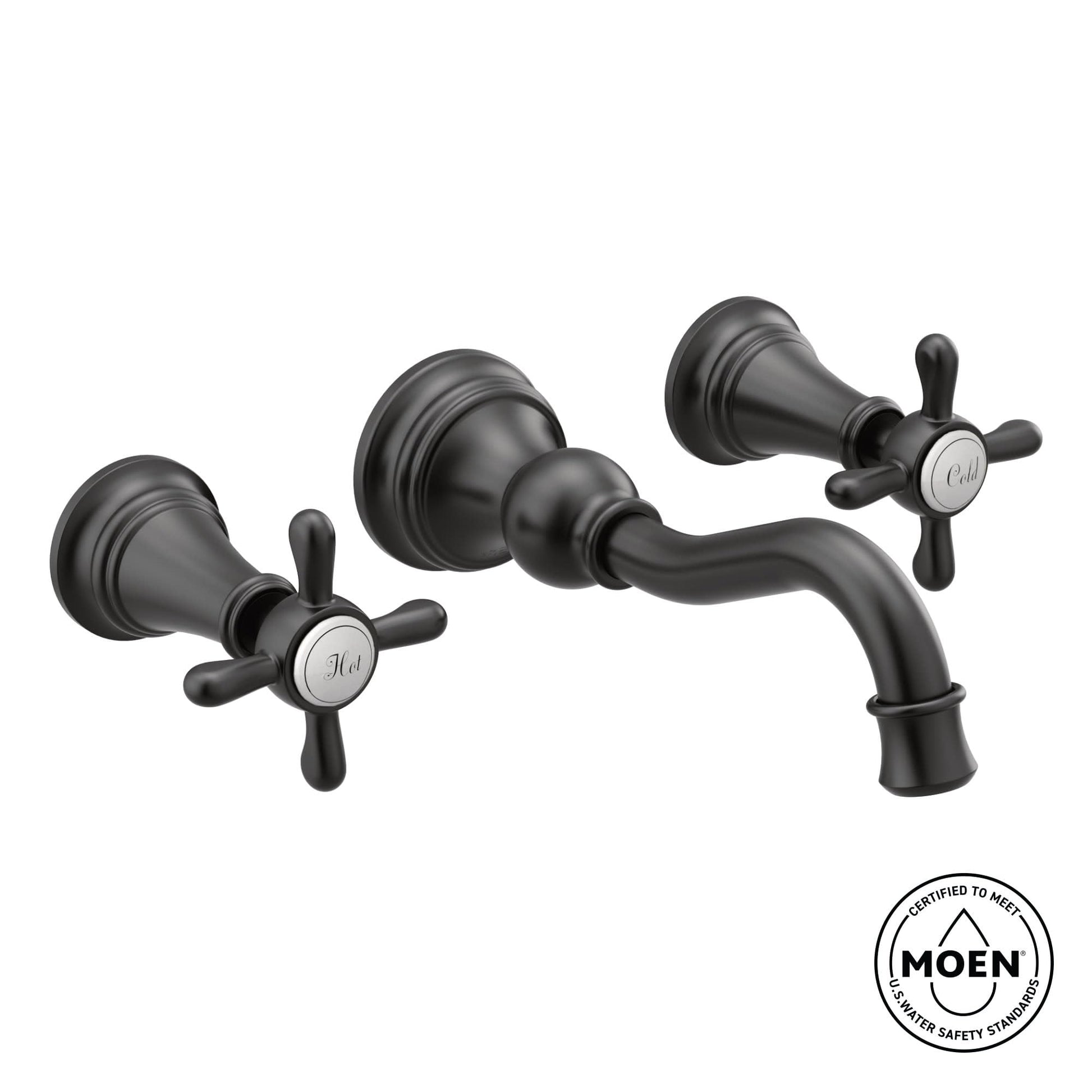Moen Weymouth wall-mount bathroom faucet with two cross handles, curved spout, and brushed gold finish.