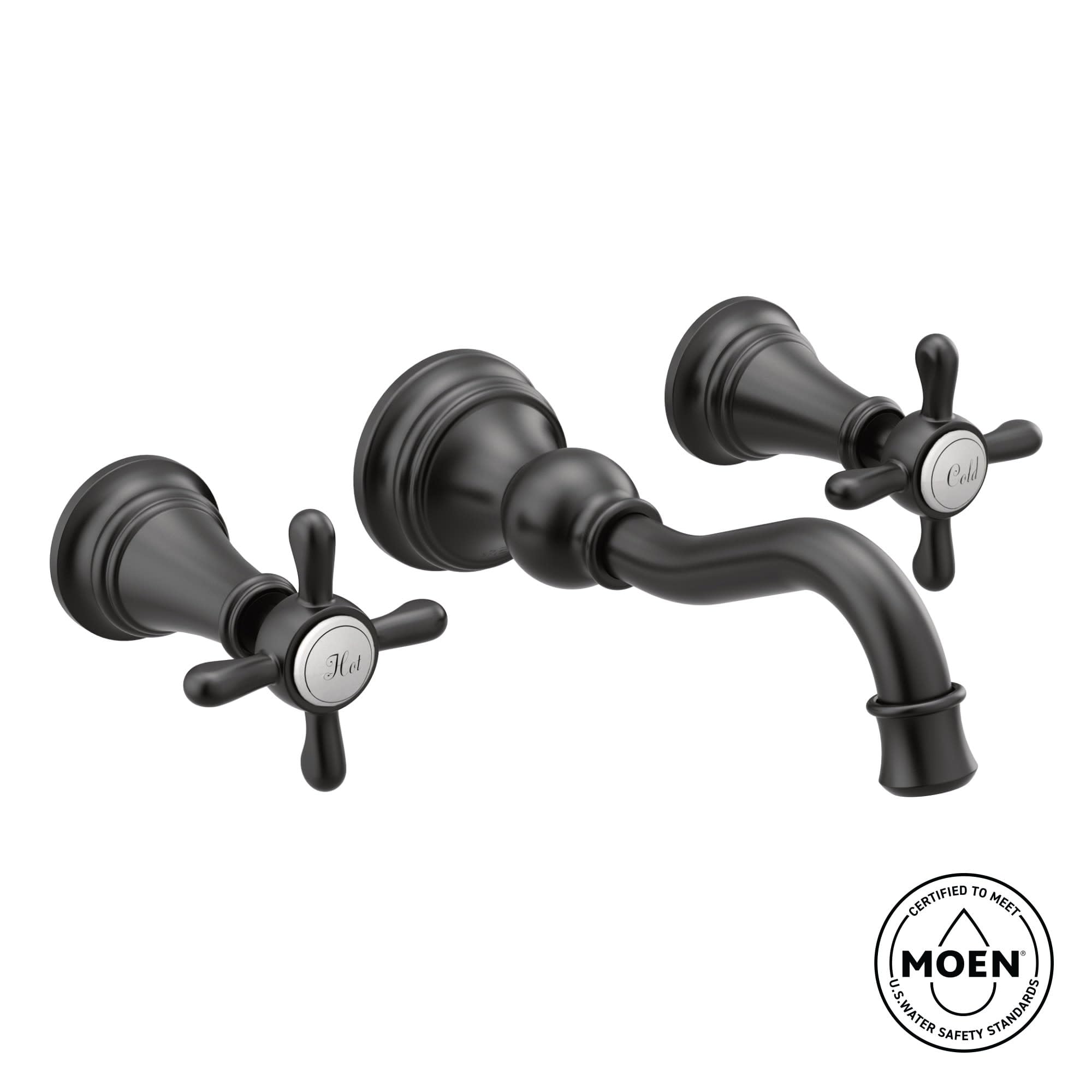 Moen Weymouth wall-mount bathroom faucet with two cross handles, curved spout, and brushed gold finish.