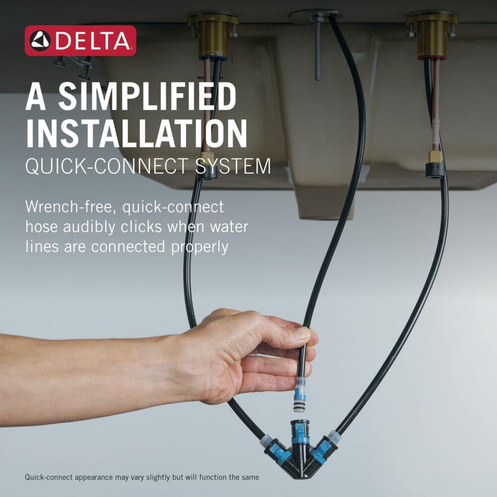 Matte black two-handle widespread bathroom faucet with quick-connect water supply hoses and brass mounting components.