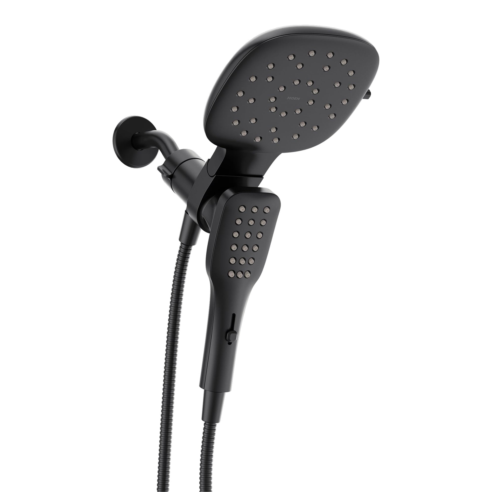 Matte black dual shower head system with large square overhead spray head and detachable handheld spray, connected by hose to