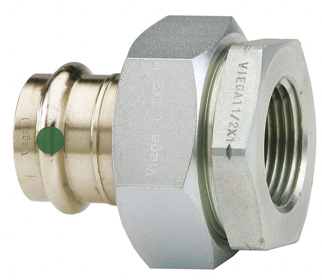Bronze press fitting with green indicator dot on left side and threaded female connection on right side.