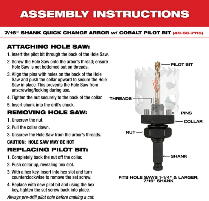 Milwaukee 4-1/8" bi-metal hole saw with 7/16" quick change arbor, pilot bit, and assembly instructions.