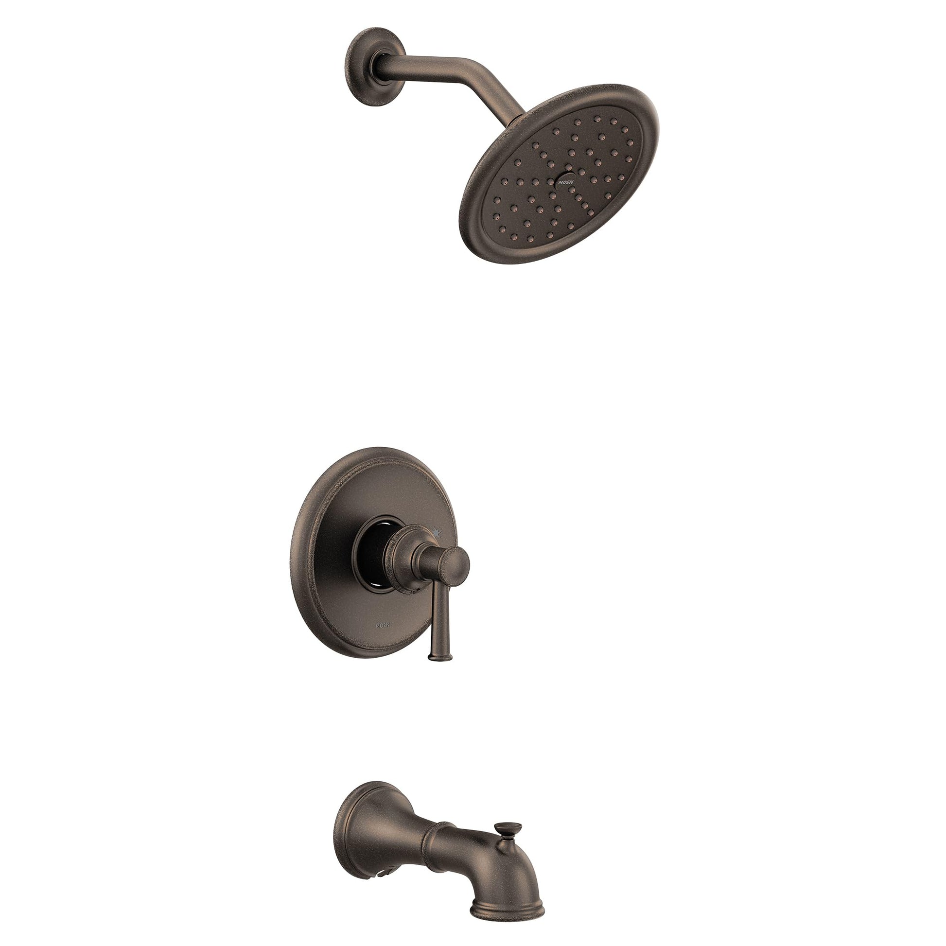 Oil rubbed bronze tub and shower trim kit with single handle valve, round showerhead, and tub spout.