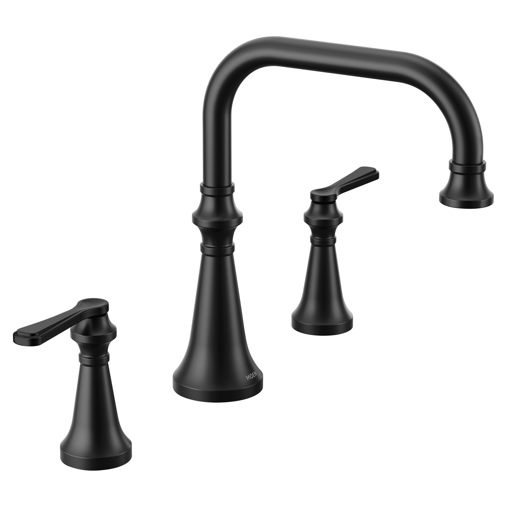 Matte black two-handle roman tub faucet with curved spout and lever handles on tapered bases.