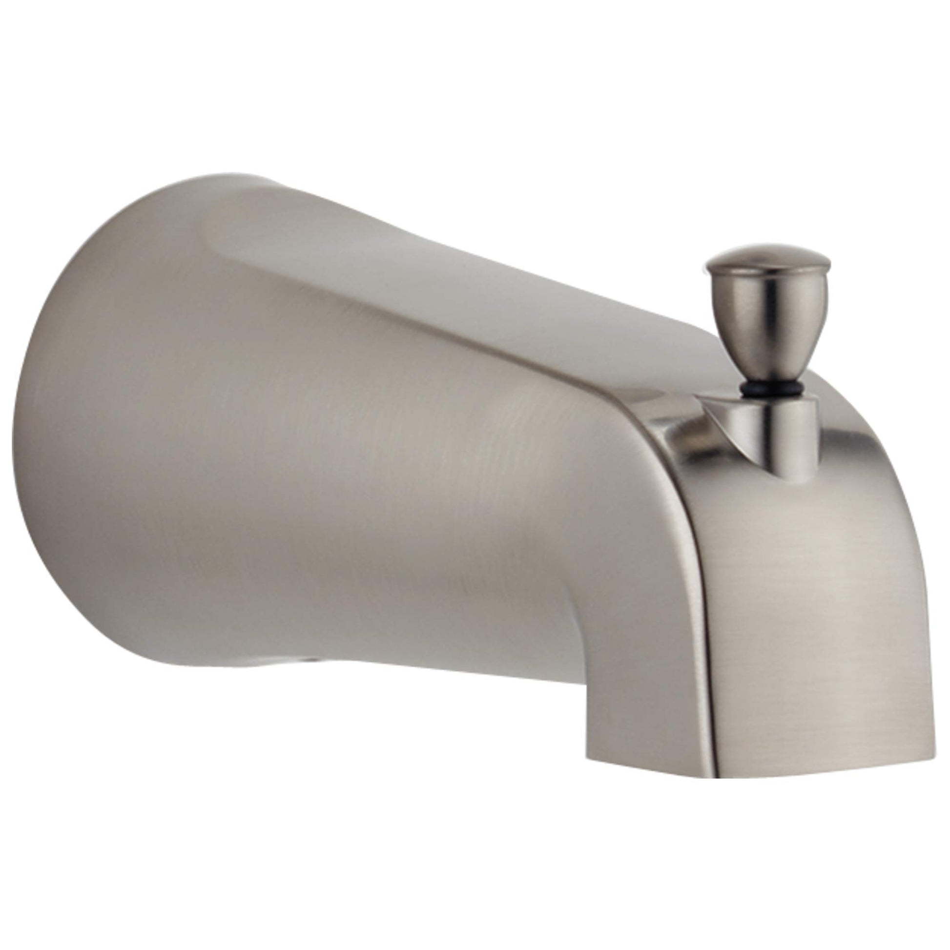 Brushed nickel tub spout with curved body and pull-up diverter handle on right side.