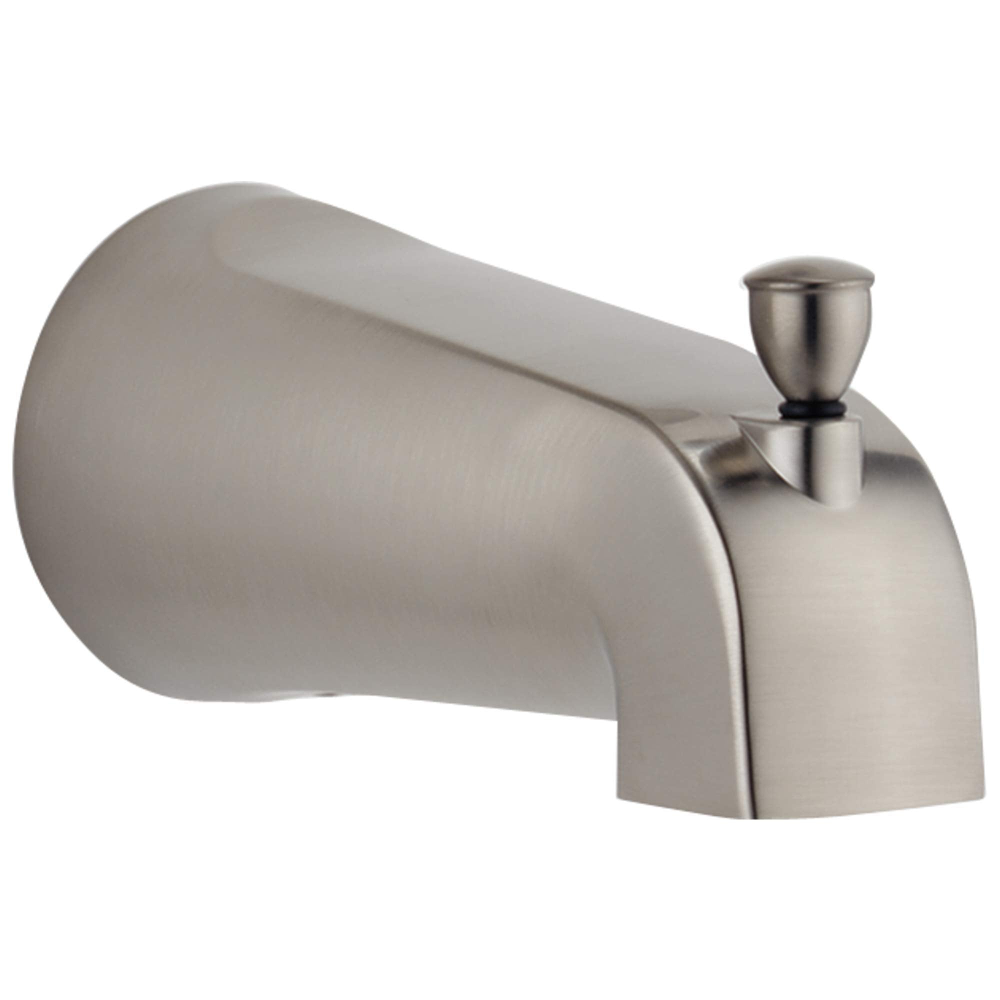 Brushed nickel tub spout with curved body and pull-up diverter handle on right side.