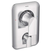 Chrome shower valve trim kit with main lever handle and lower diverter control, featuring temperature indicator dots.