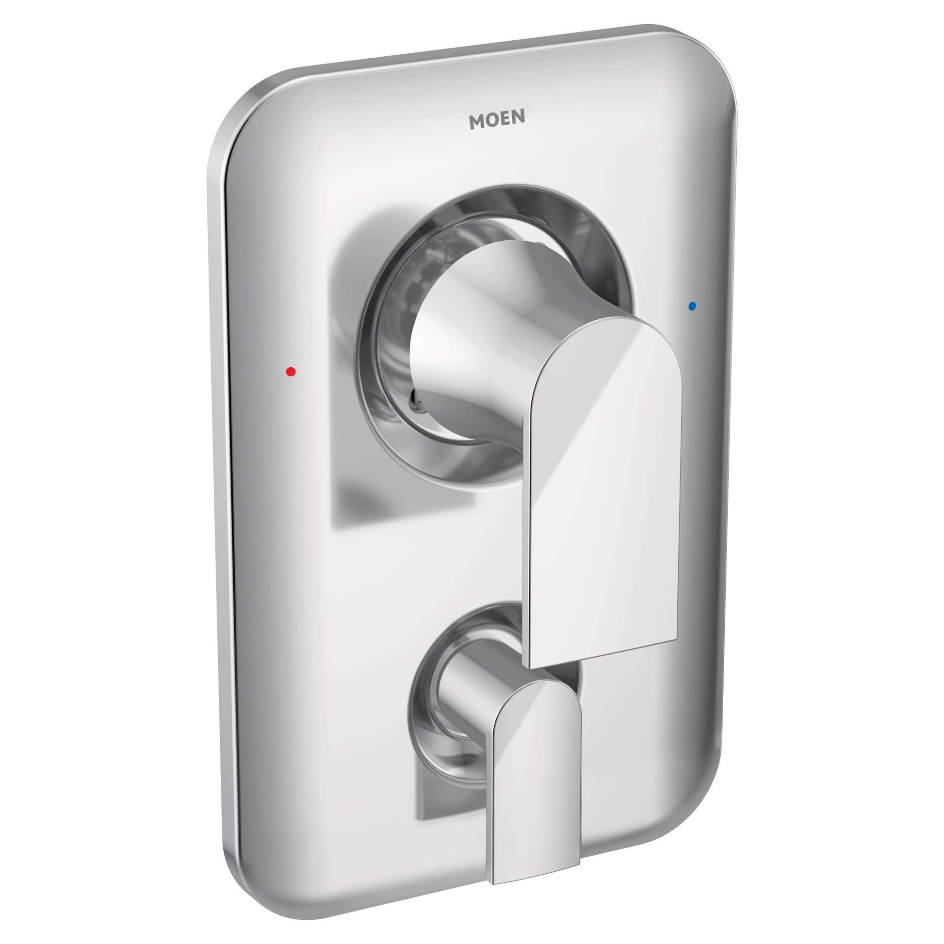 Chrome shower valve trim kit with main lever handle and lower diverter control, featuring temperature indicator dots.