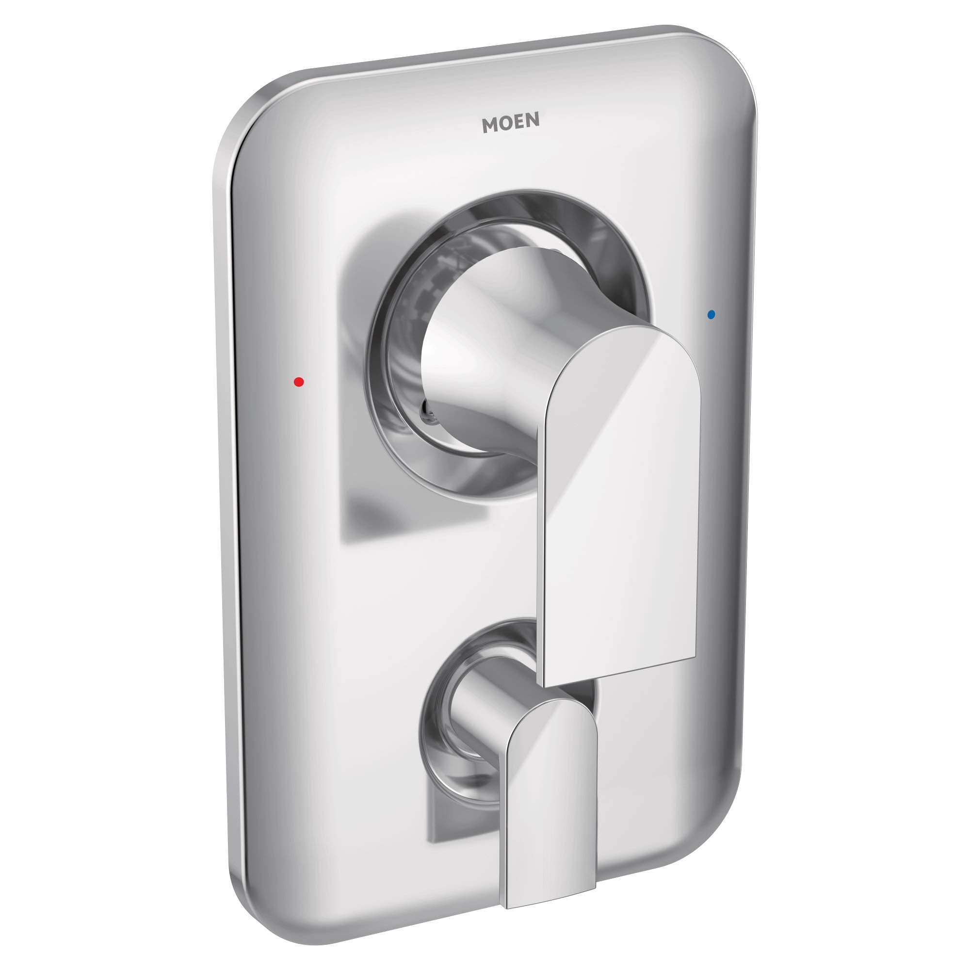 Chrome shower valve trim kit with main lever handle and lower diverter control, featuring temperature indicator dots.