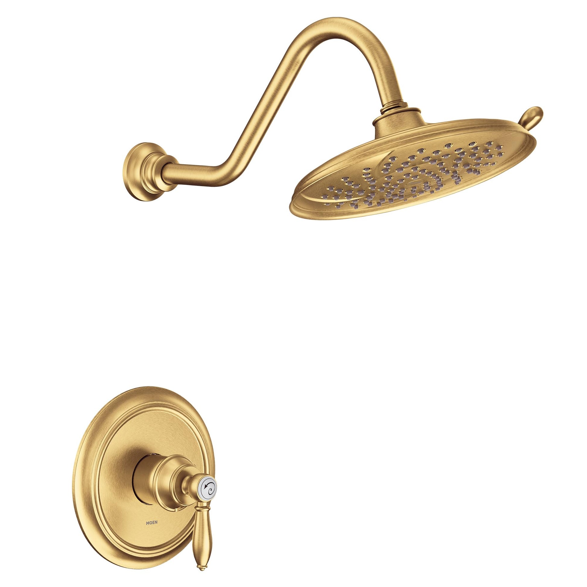 Brushed gold shower trim kit with single handle valve and oval rainfall showerhead with curved arm.