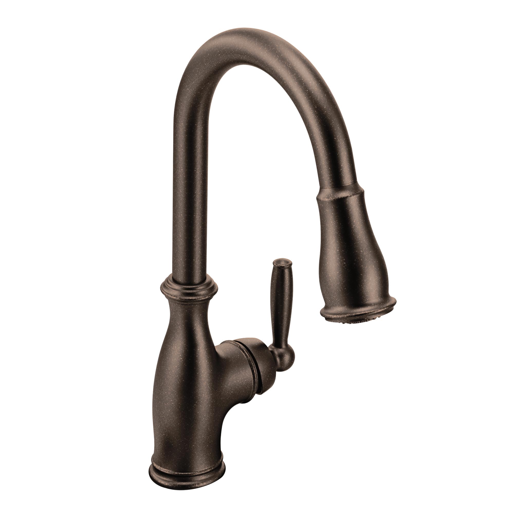 Oil rubbed bronze kitchen faucet with curved pull-down spout and side handle.