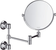 Chrome wall-mounted round shaving mirror with articulating arm and two mounting points.