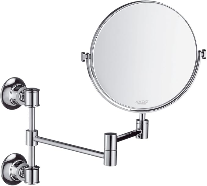 Chrome wall-mounted round shaving mirror with articulating arm and two mounting points.