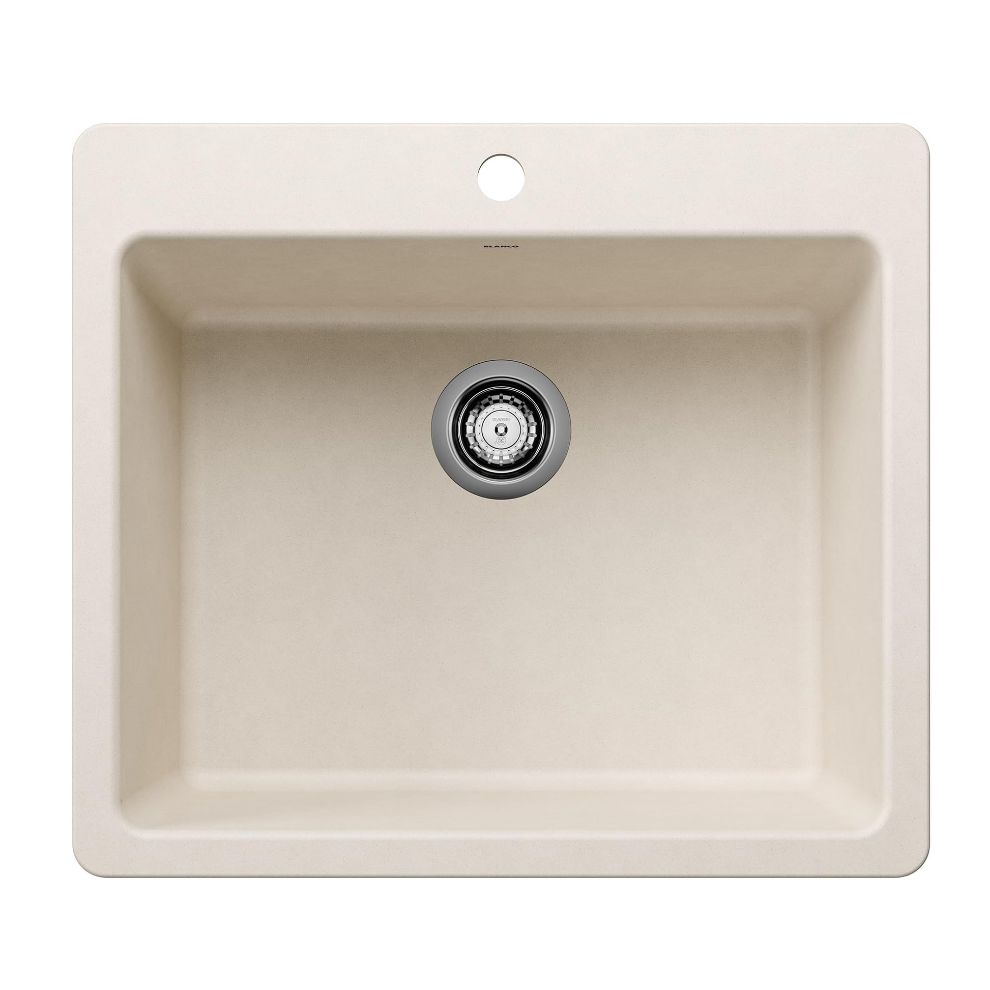 Soft white single bowl kitchen sink with rounded corners and chrome drain fitting, shown from above.