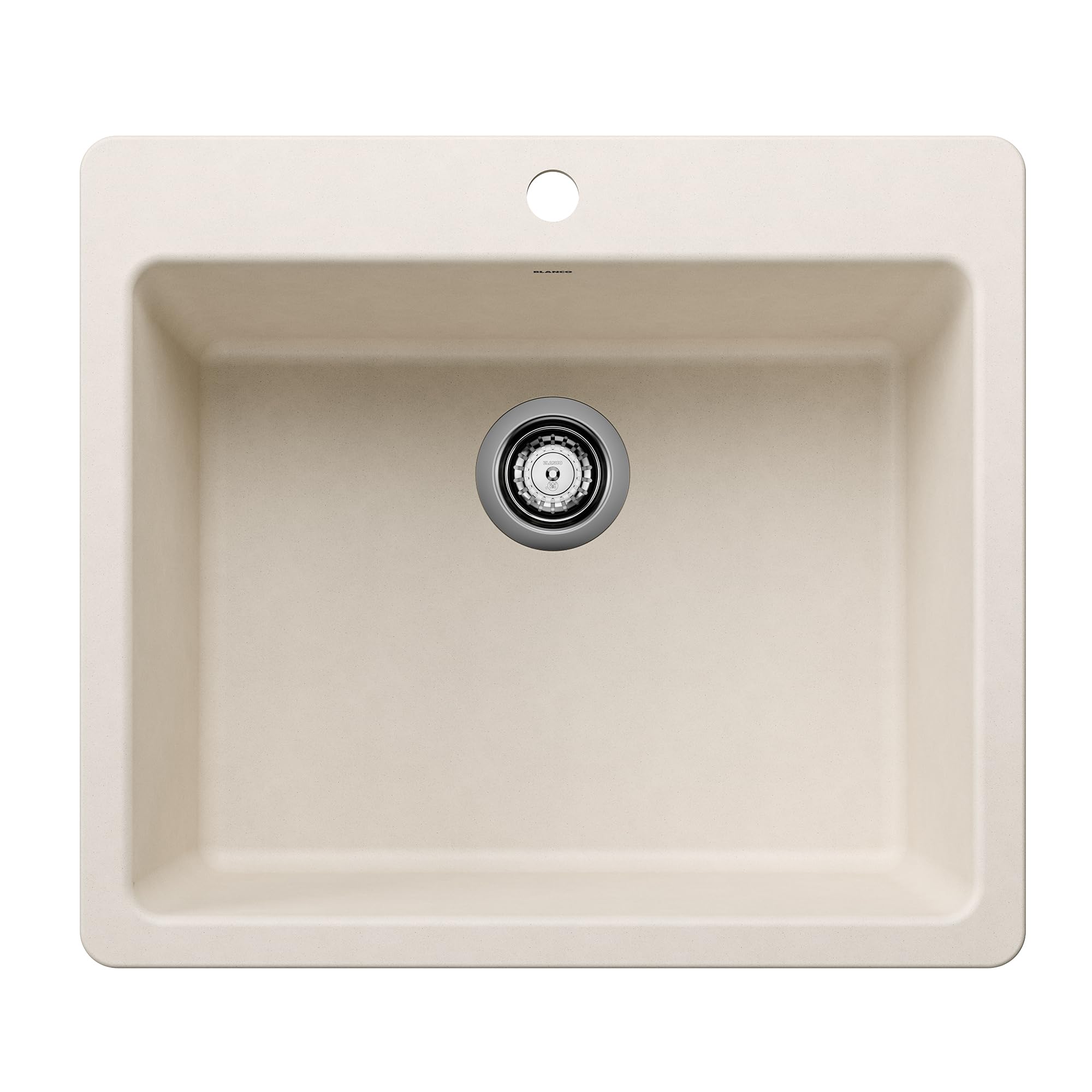 Soft white single bowl kitchen sink with rounded corners and chrome drain fitting, shown from above.