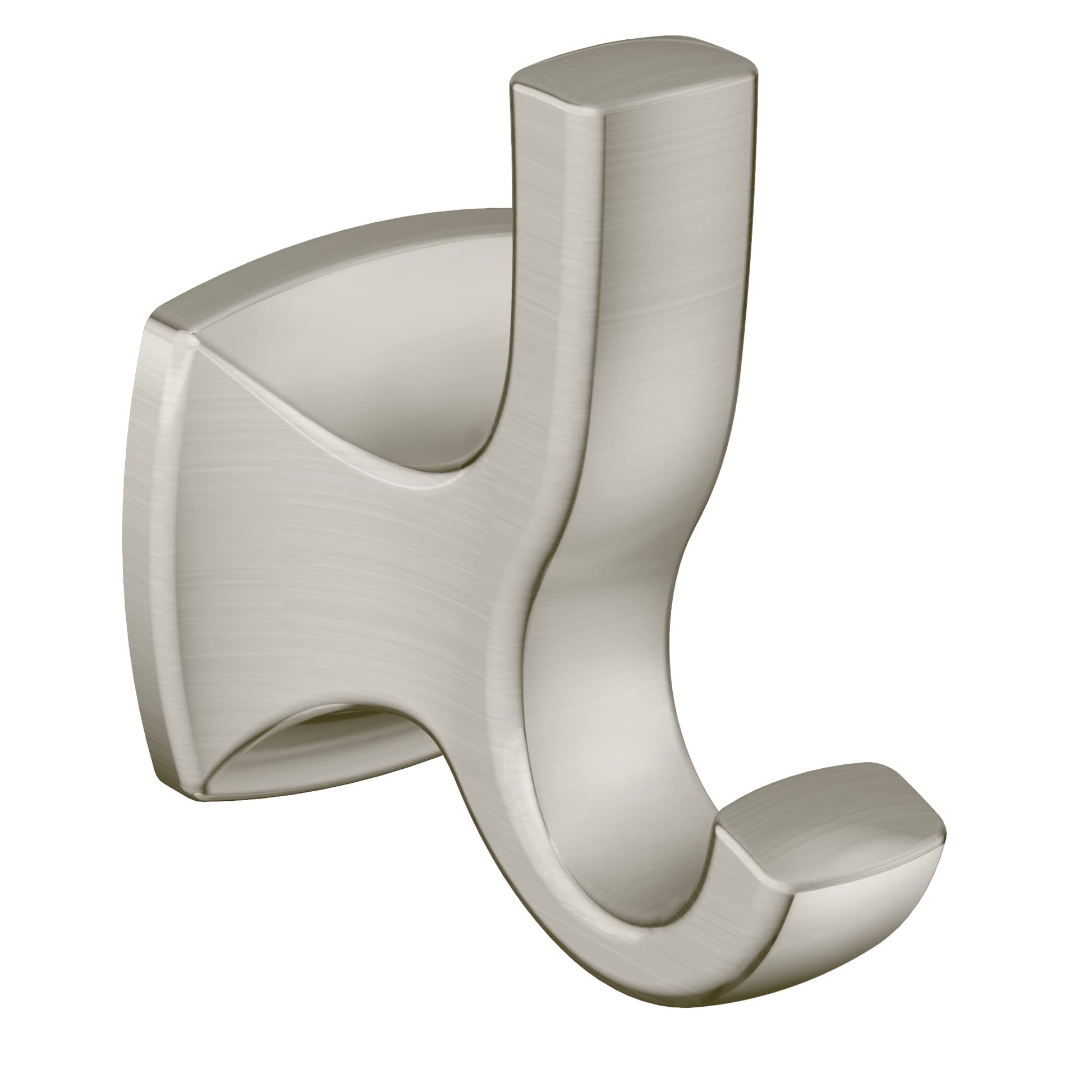 Brushed nickel double robe hook with two curved hooks for hanging robes or towels.