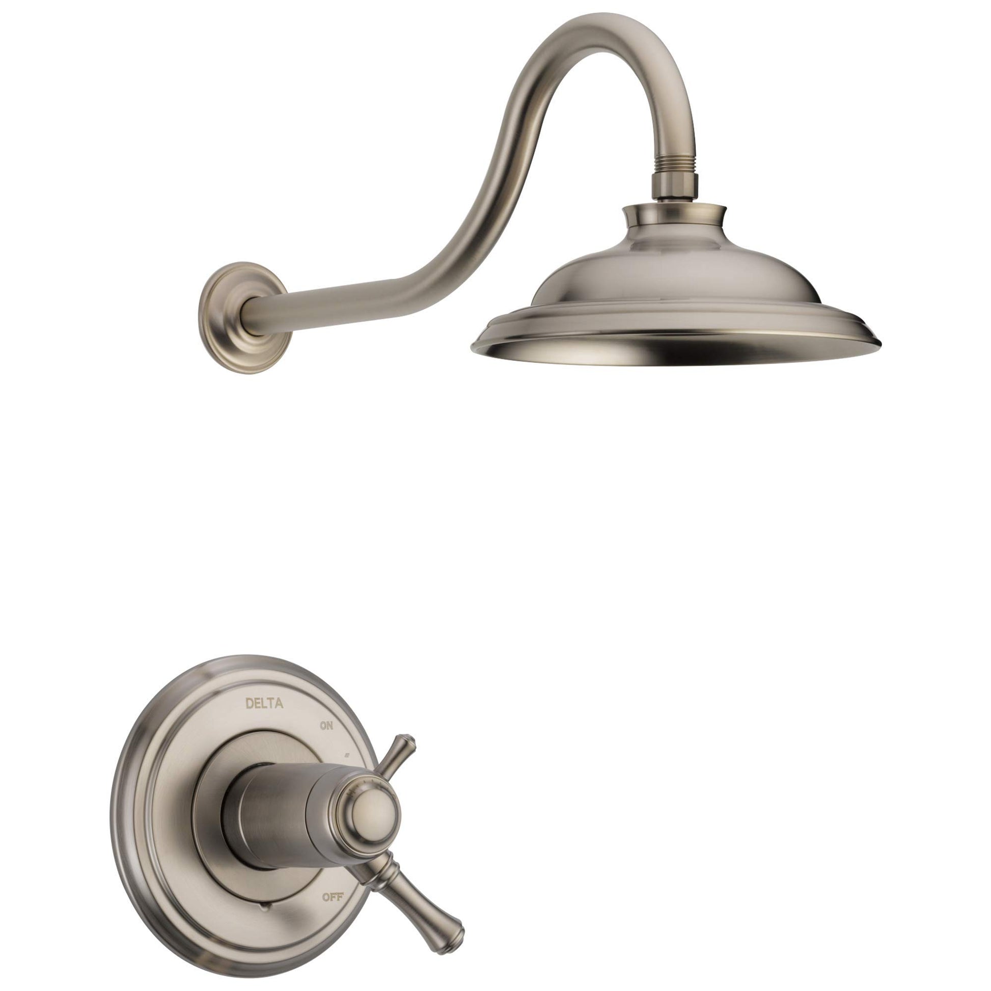 Brushed nickel shower trim with curved wall-mounted arm, round showerhead, and circular valve handle control.