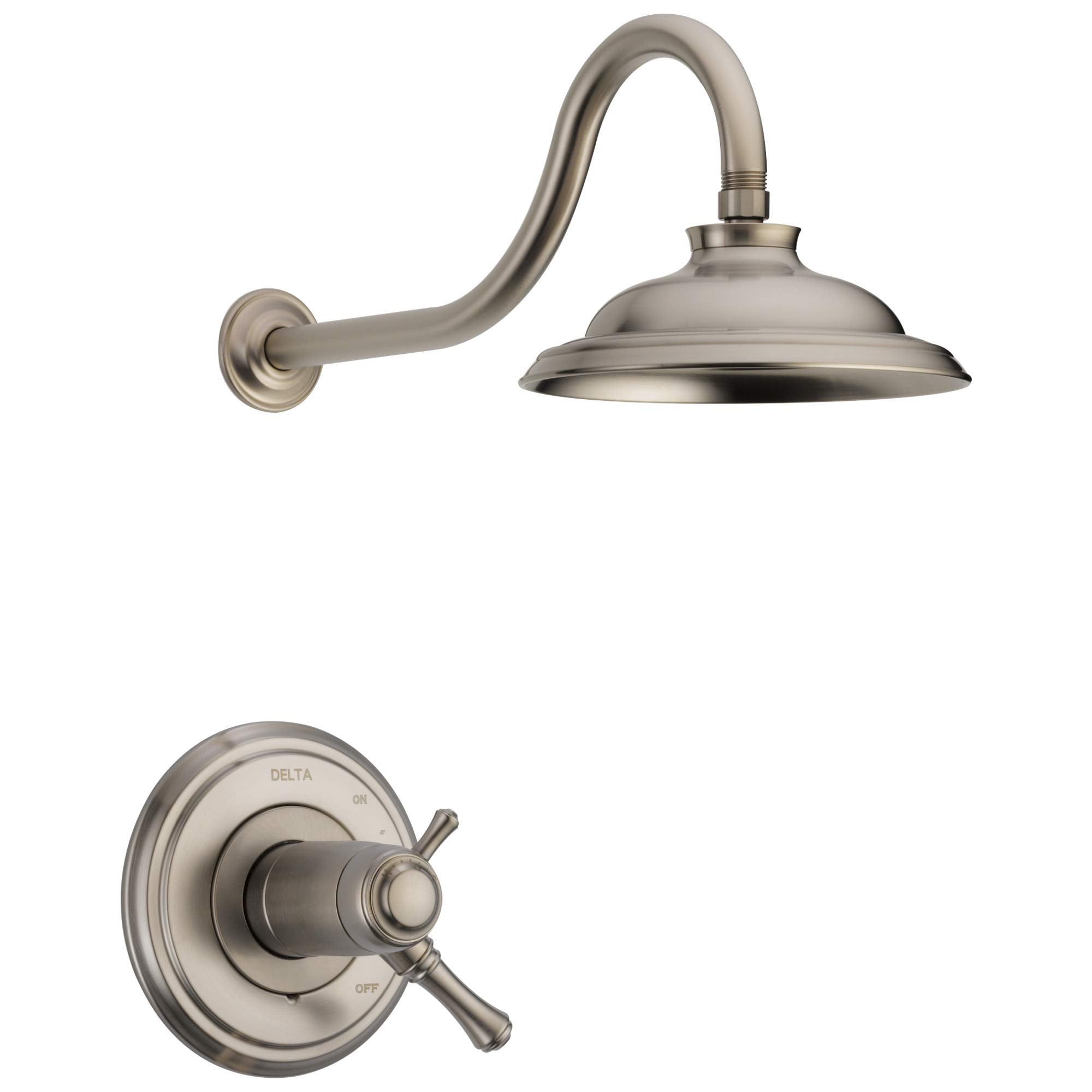 Brushed nickel shower trim with curved wall-mounted arm, round showerhead, and circular valve handle control.