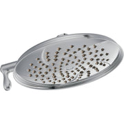 Chrome oval showerhead with multiple spray nozzles and curved handle on left side.